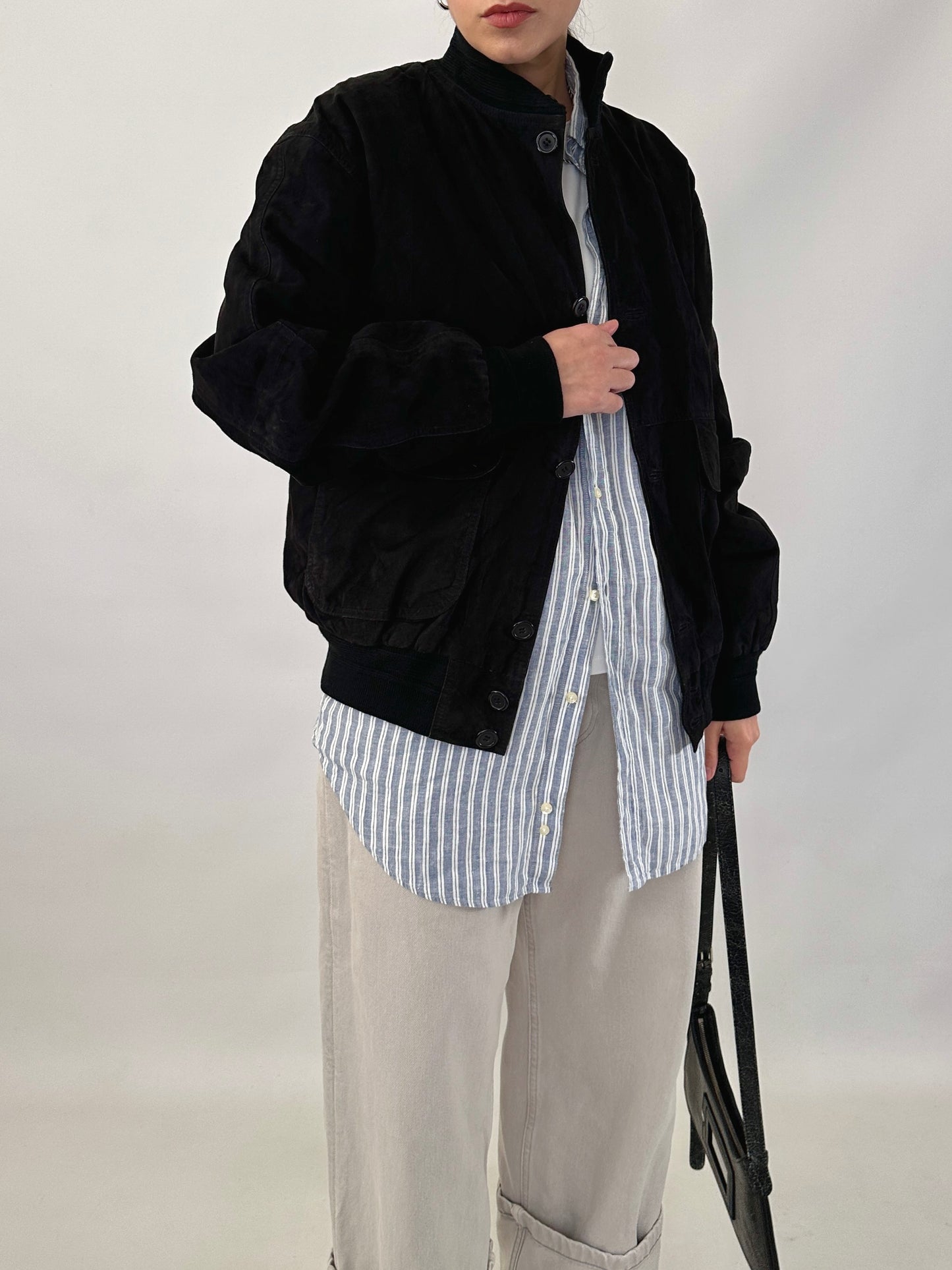 Vintage black bomber jacket in suede