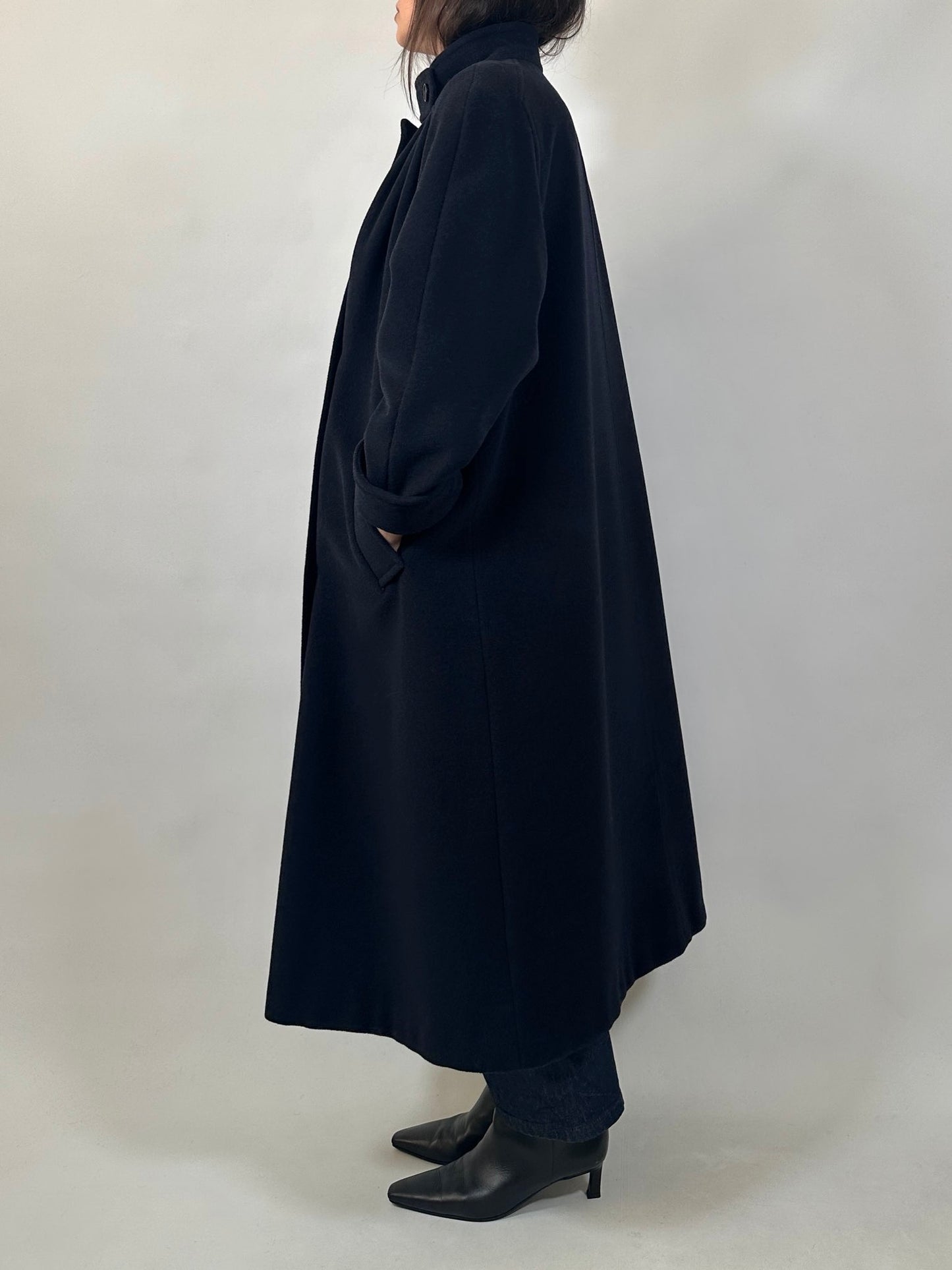 Vintage Long Blue Coat with Pleated Shoulder Detail