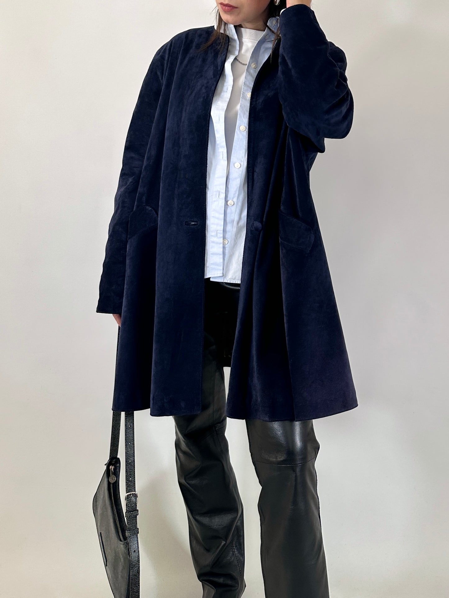 Vintage suede coat with back button detail