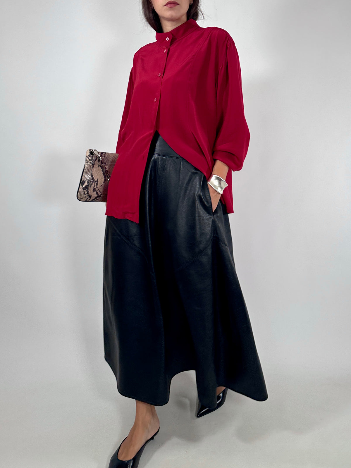 Red Silk Mandarin Collar Shirt