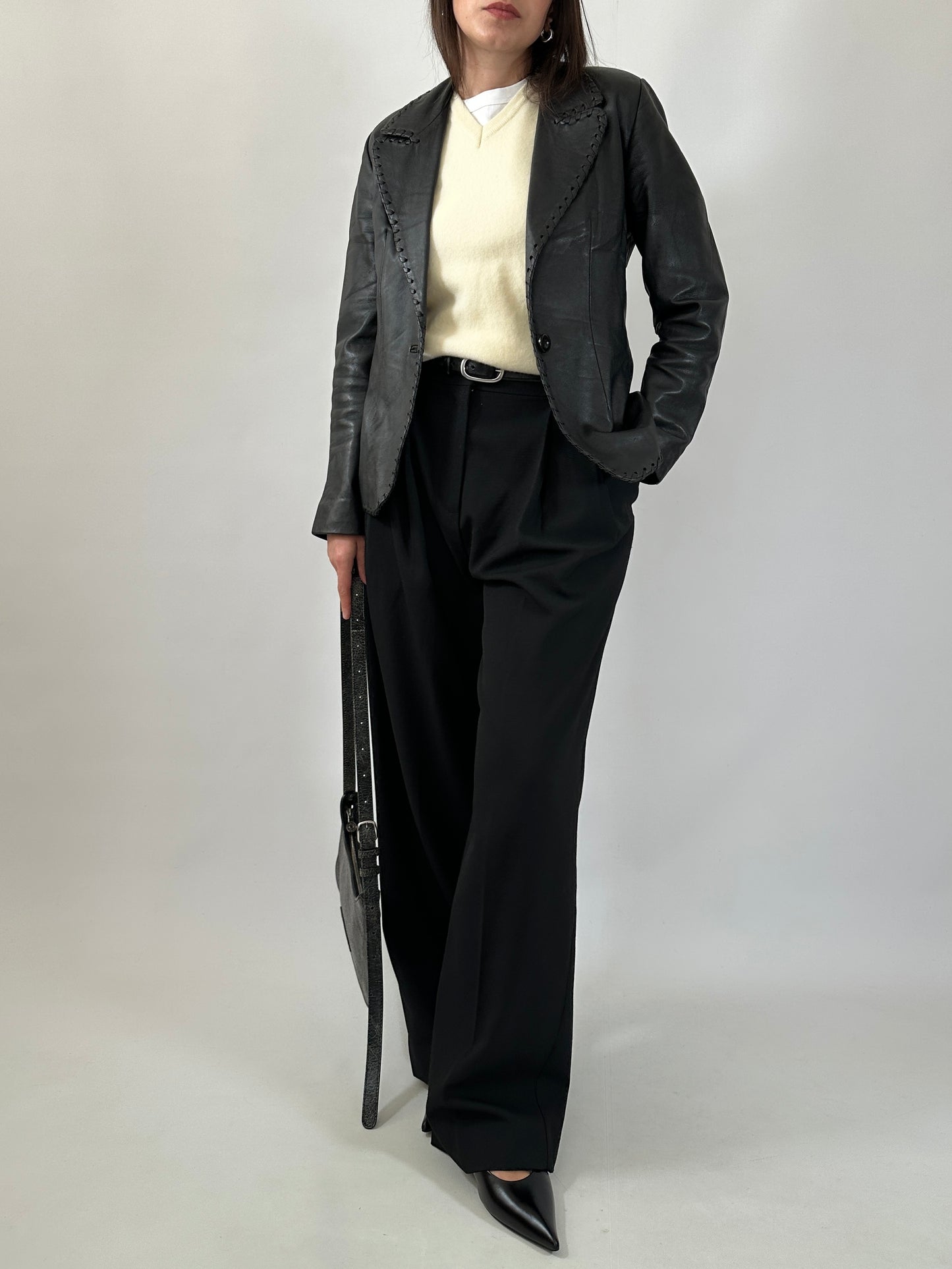 Vintage Stitched Slim Leather Blazer