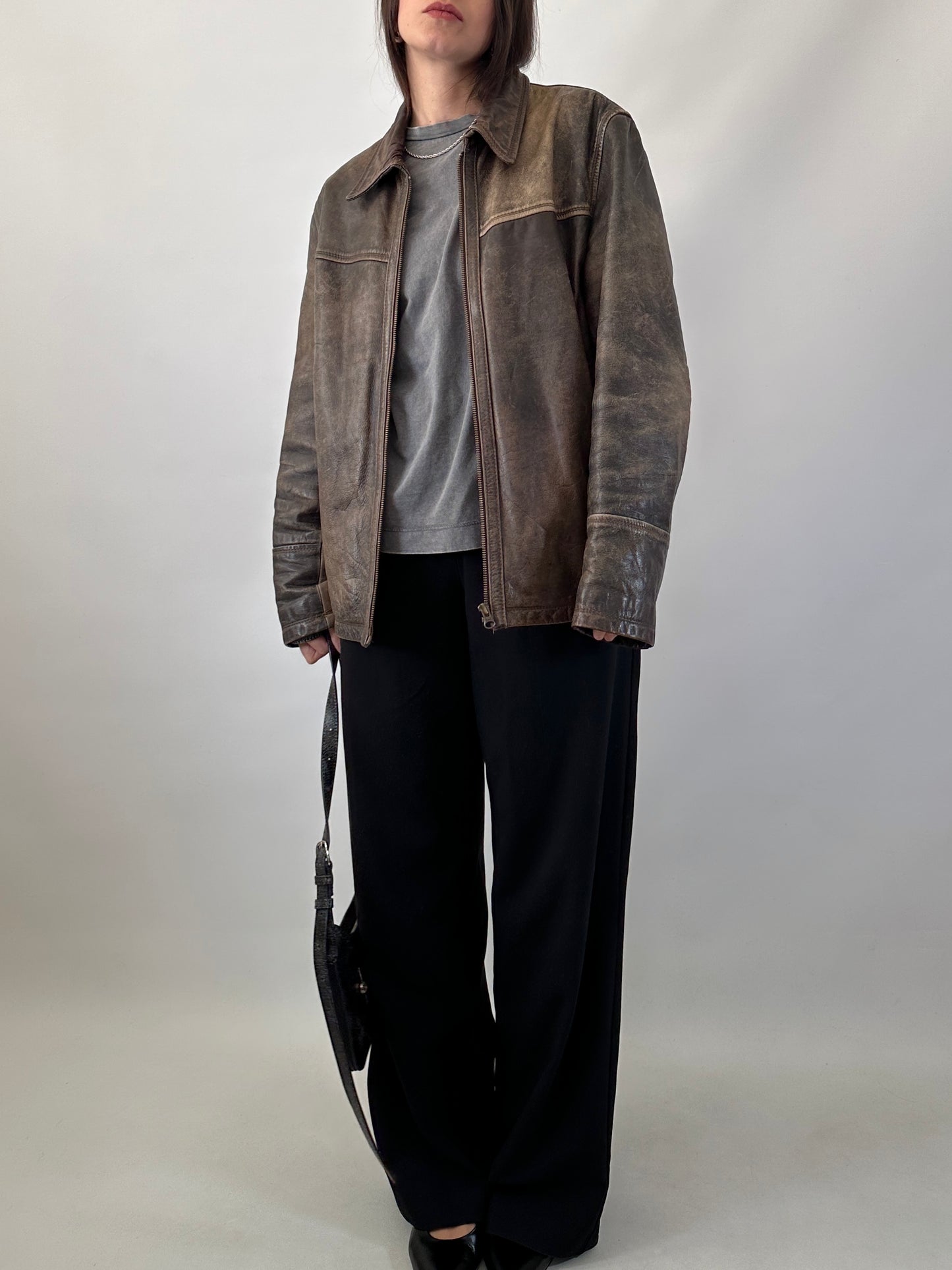 Distressed effect real leather jacket