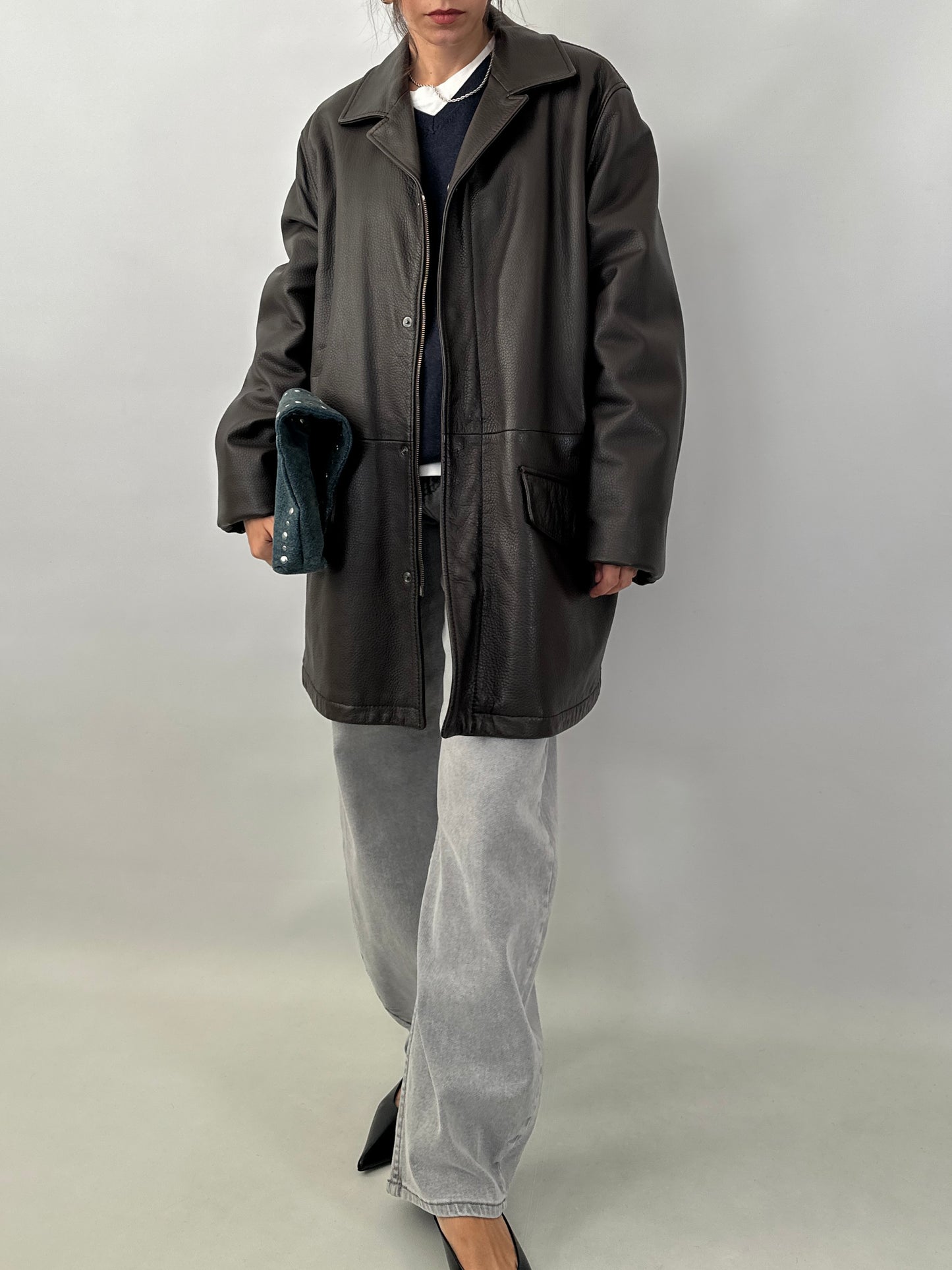 Grained lamb leather brown coat