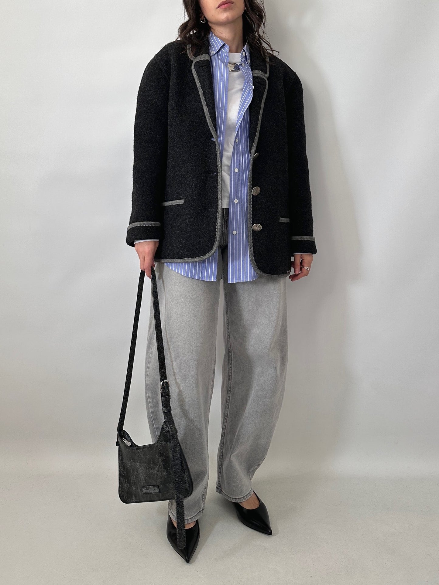 Gray wool felt jacket with contrast details