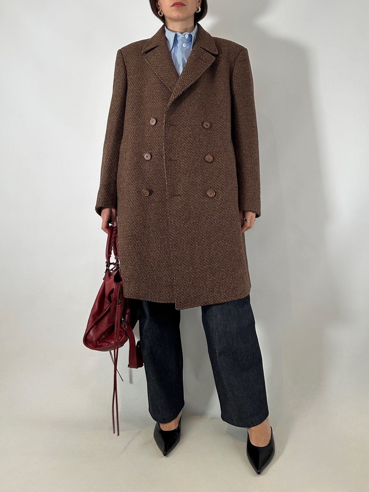 Brown tweed double-breasted coat