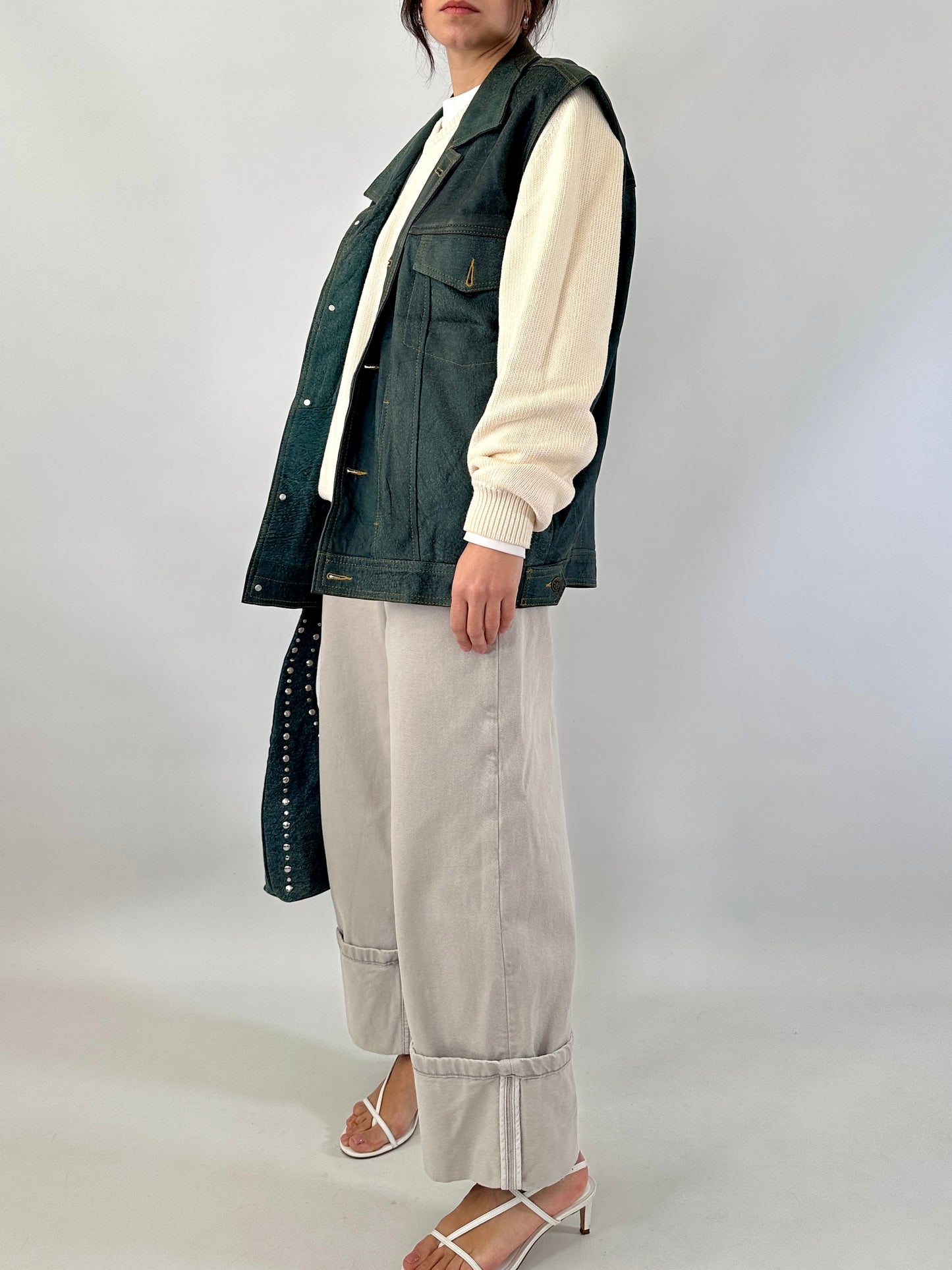 Genuine leather vest denim effect