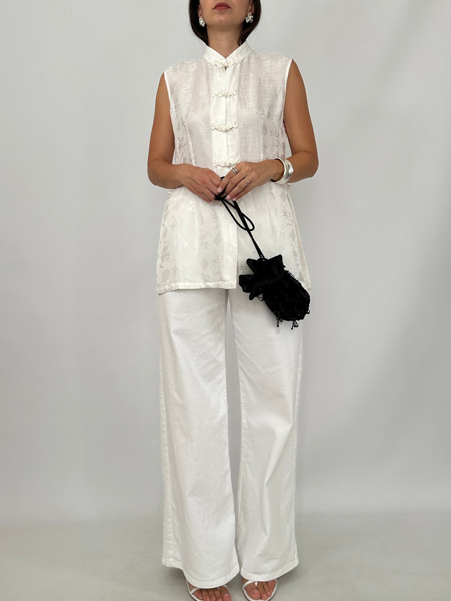 White Silk Jacquard Frog Closure Blouse