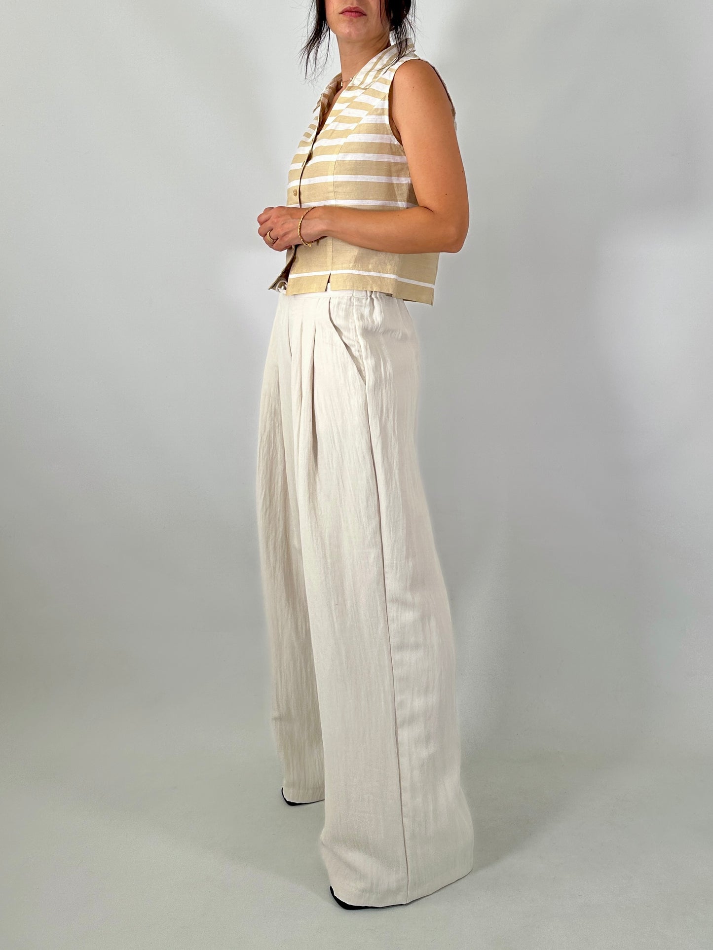 Striped linen blend crop shirt