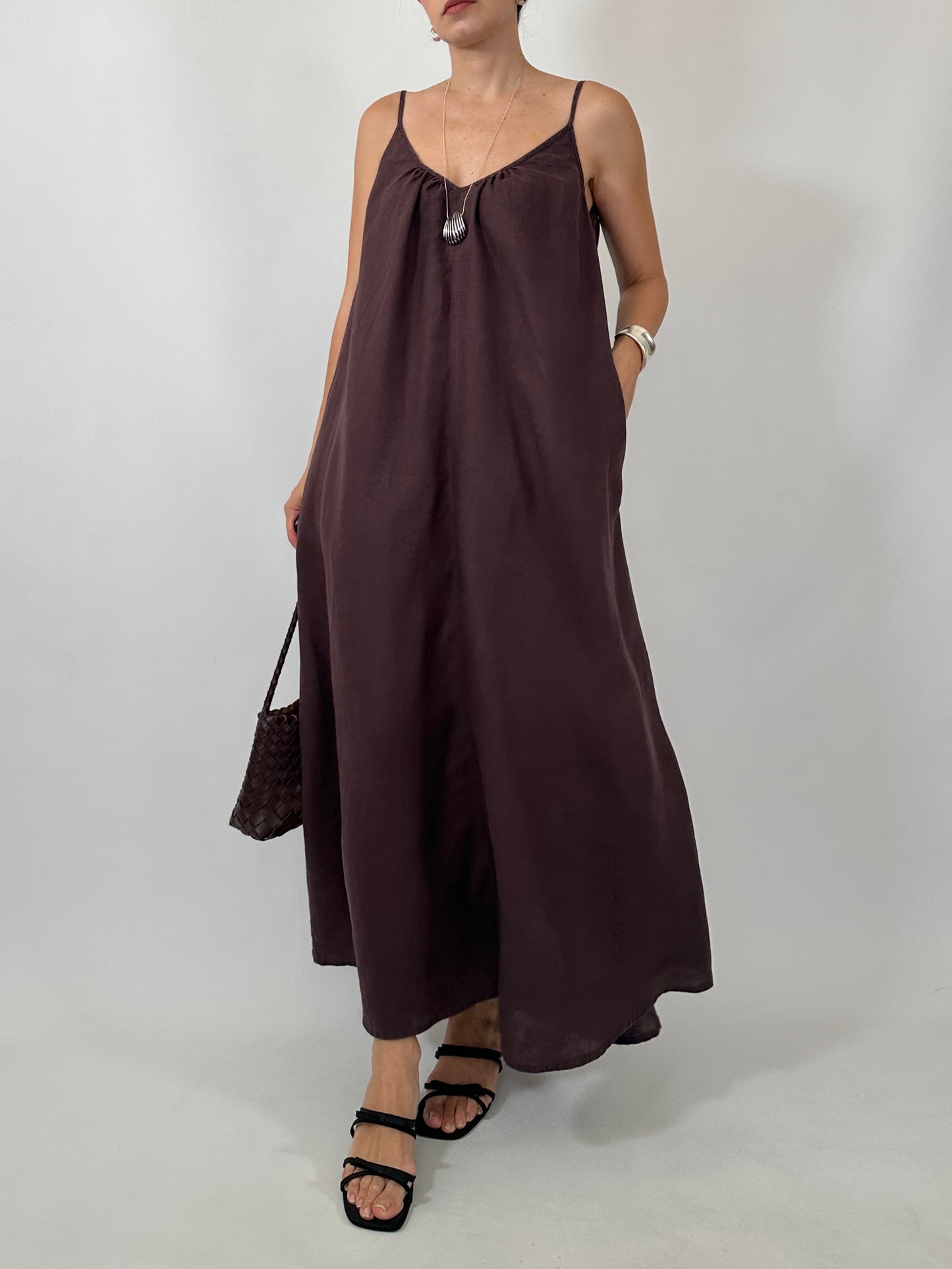 Chocolate Brown 100% Linen Maxi Dress