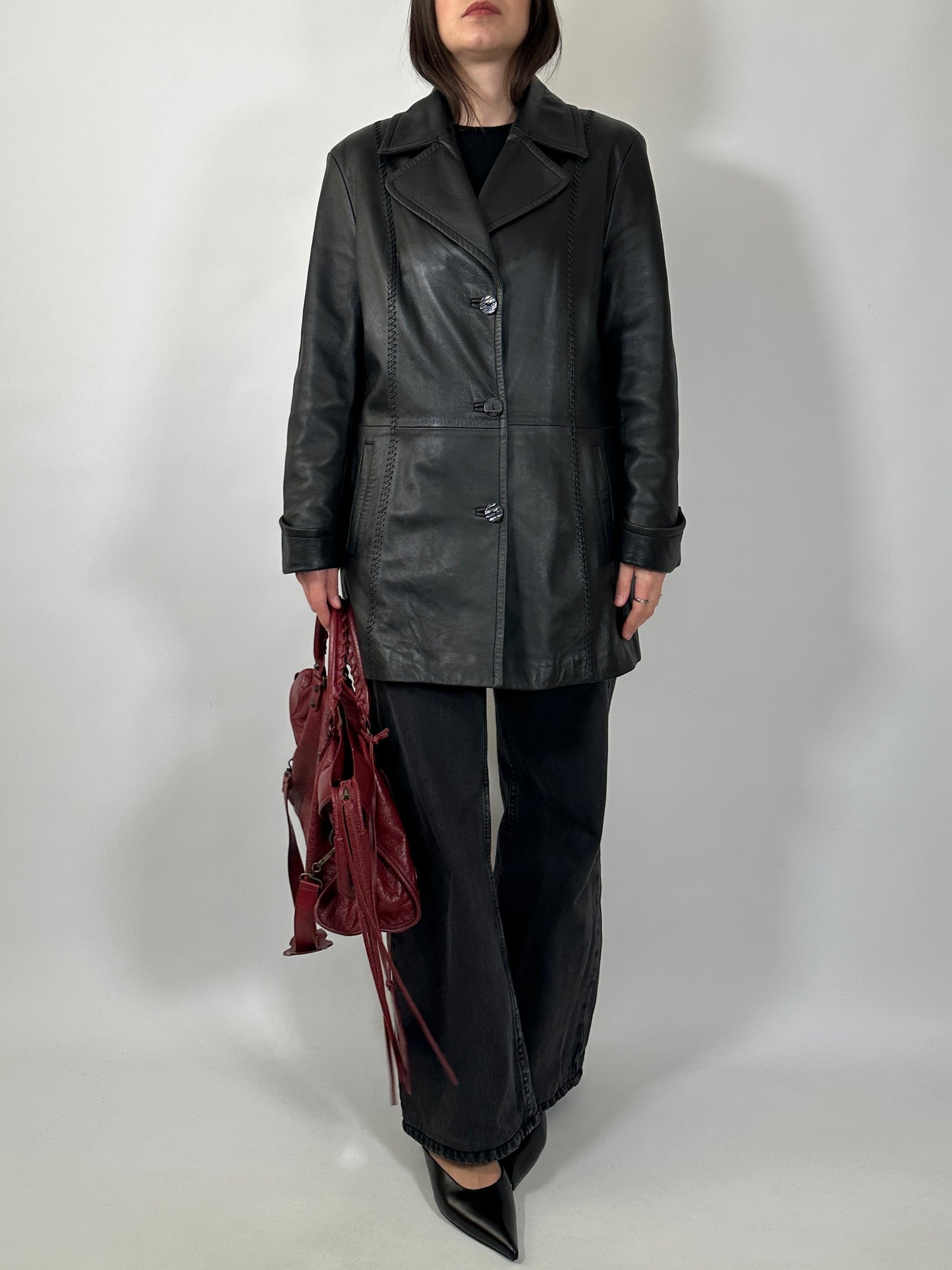 Soft Leather Nappa Coat with Whipstitch Details