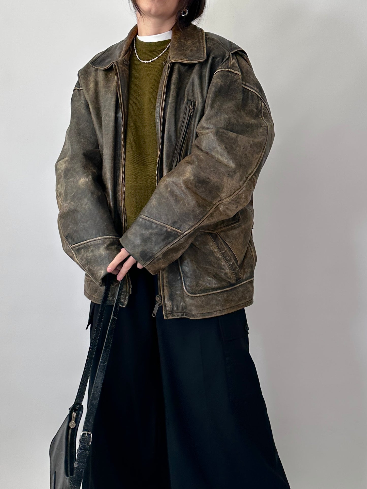 Oversized aviator jacket in distressed real leather
