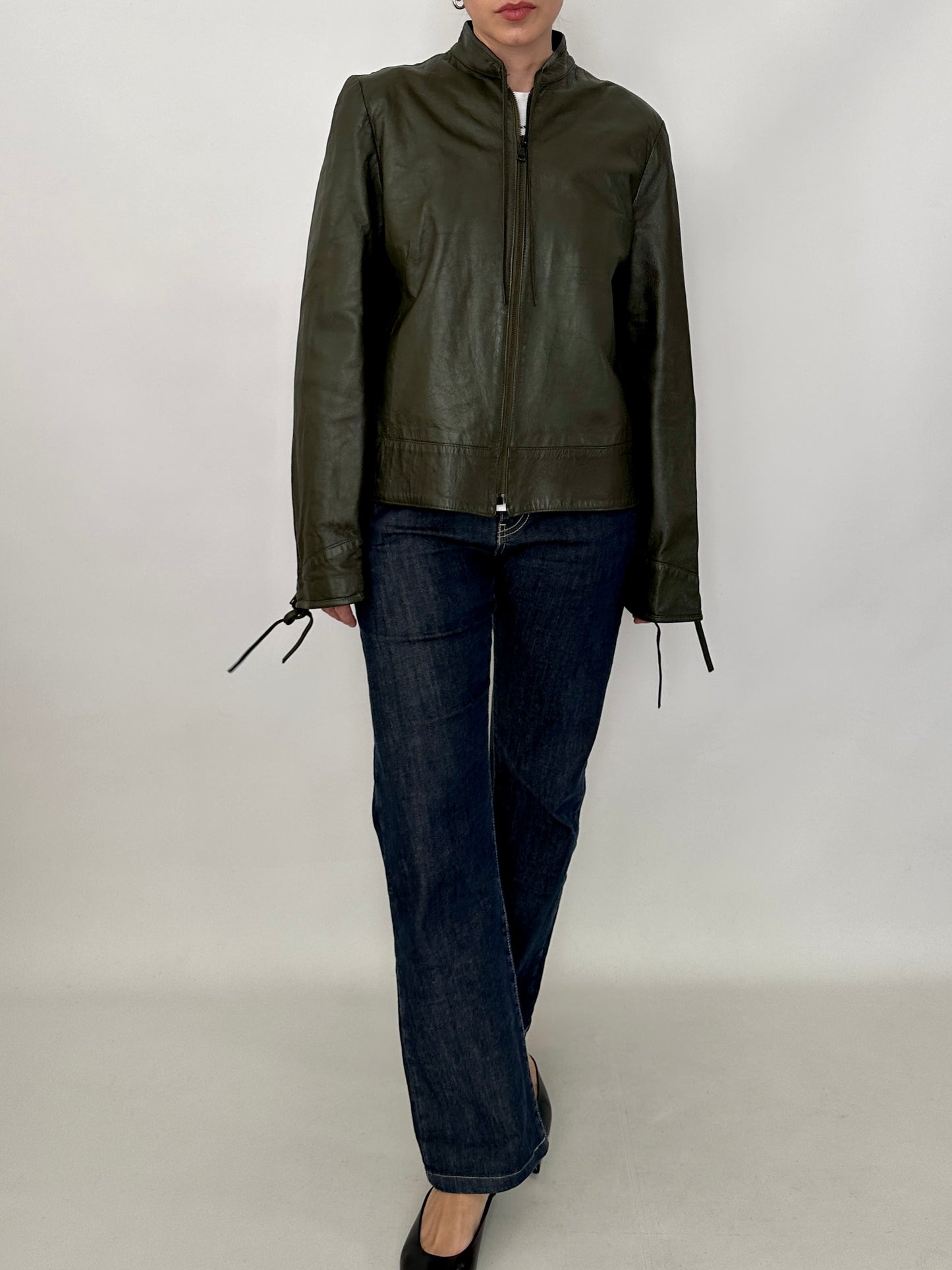 Bow detail vintage green leather jacket