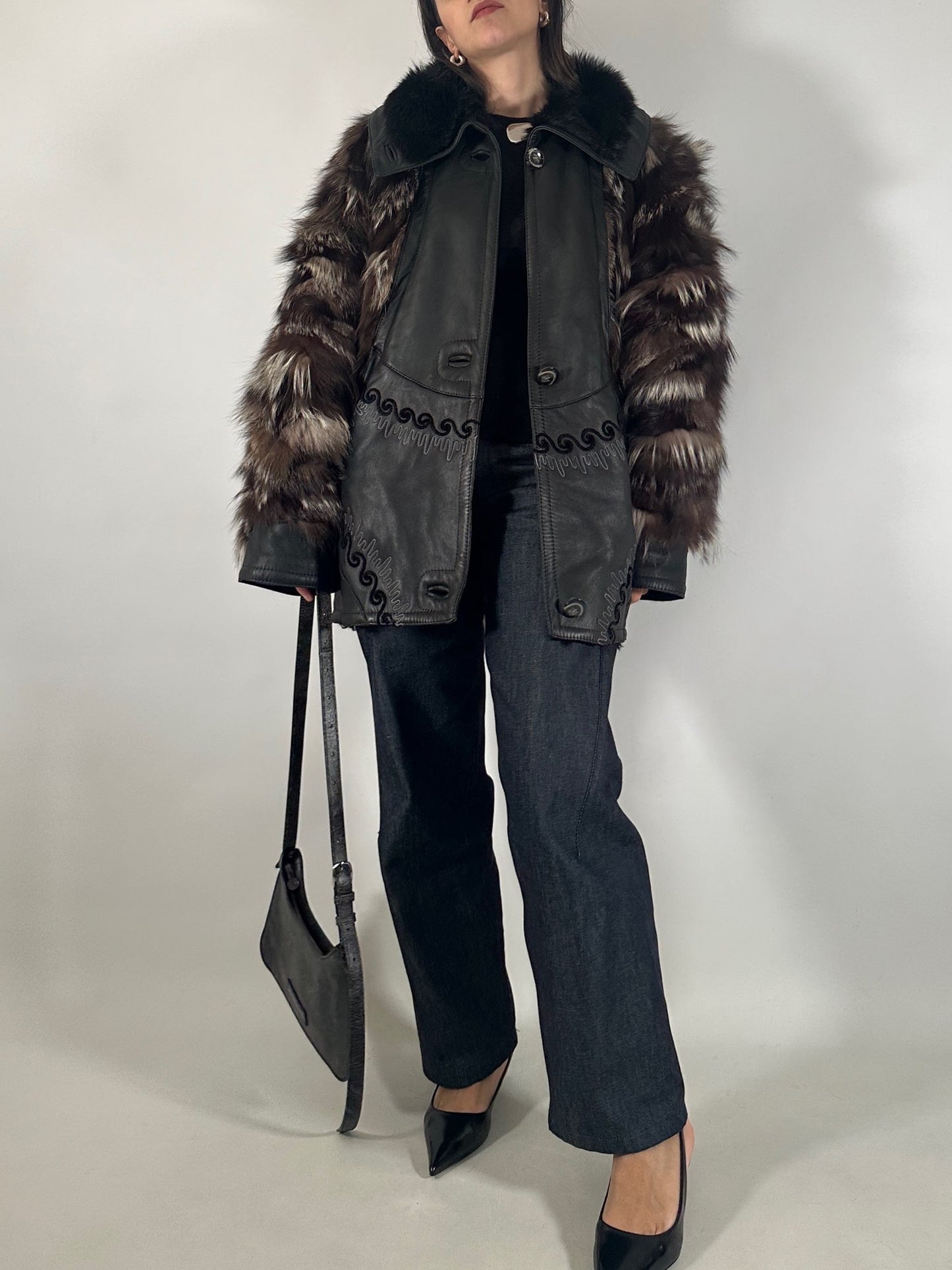 Embroidered Shearling Jacket with Fur Sleeves