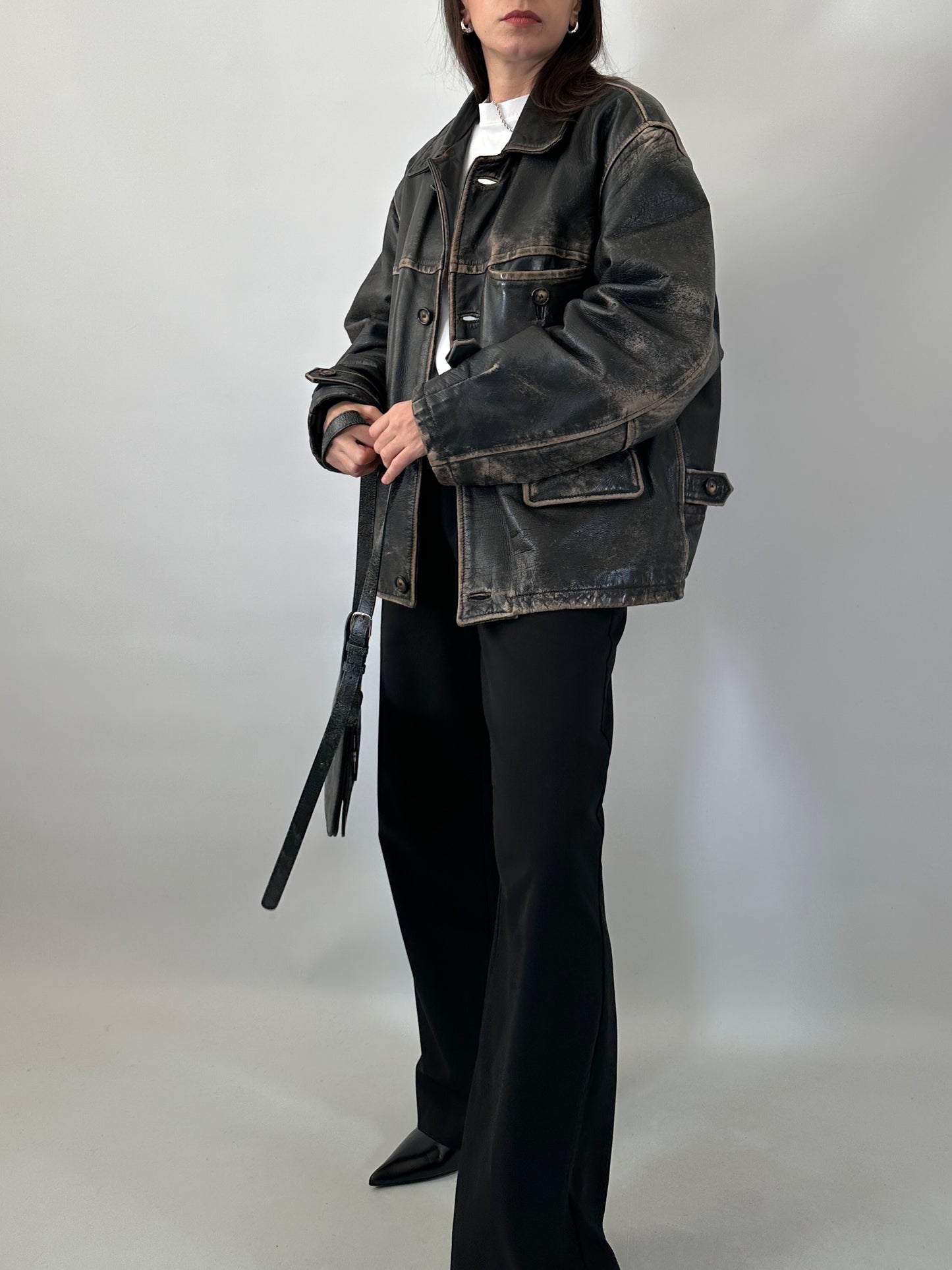 Distressed leather Harrington jacket