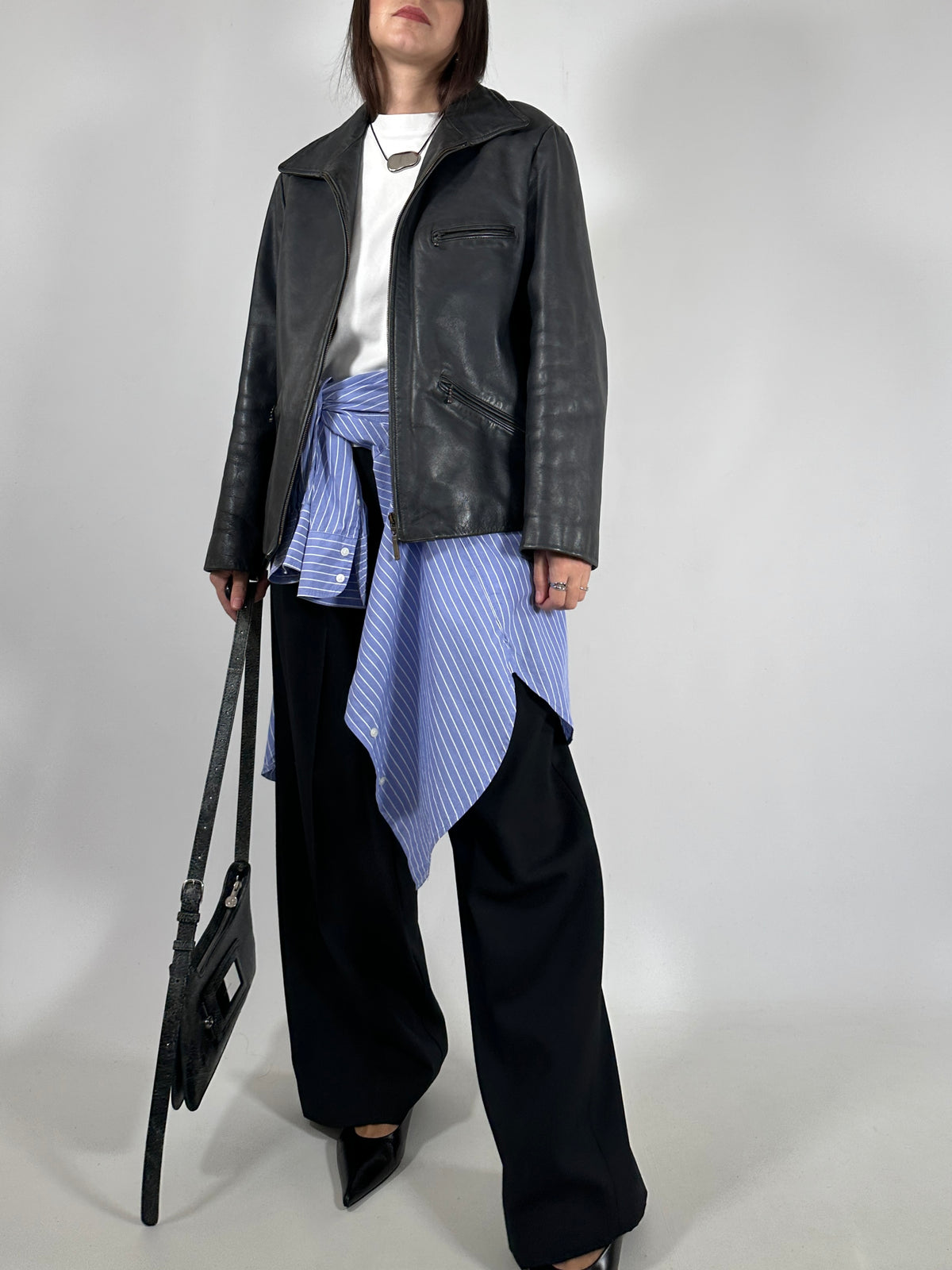 Grey Leather Zip-Up Jacket