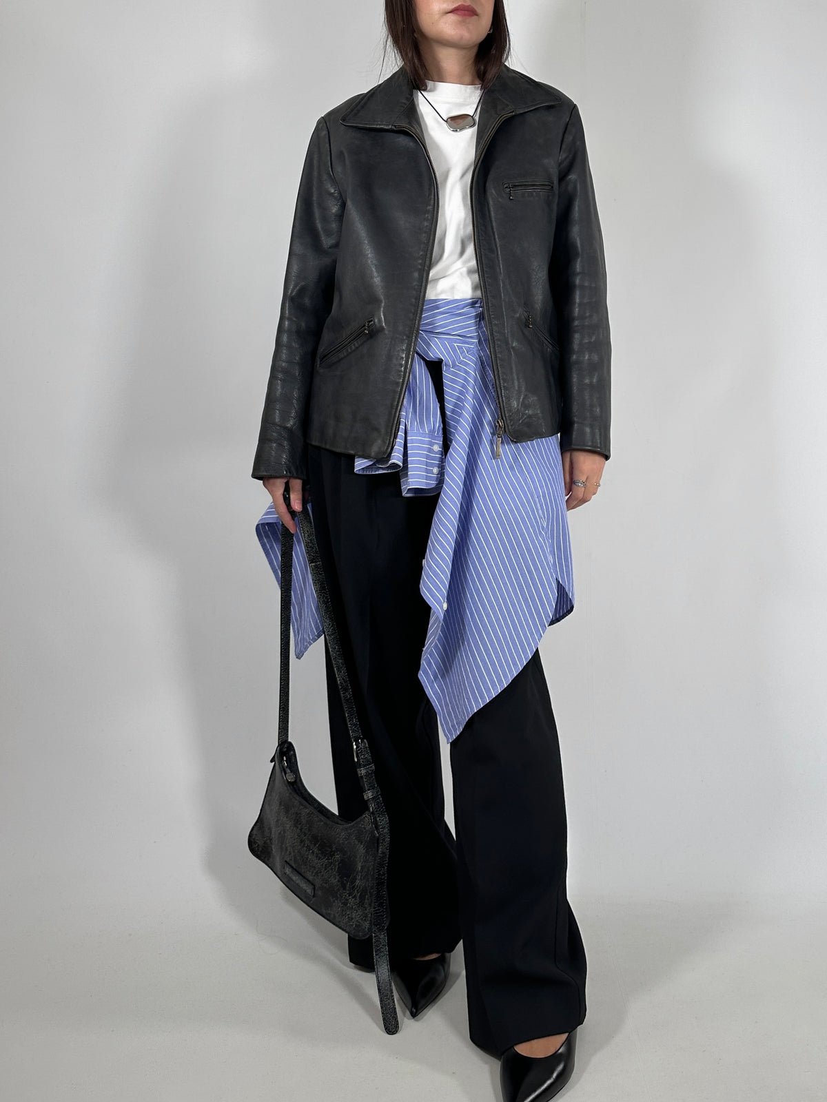 Grey Leather Zip-Up Jacket