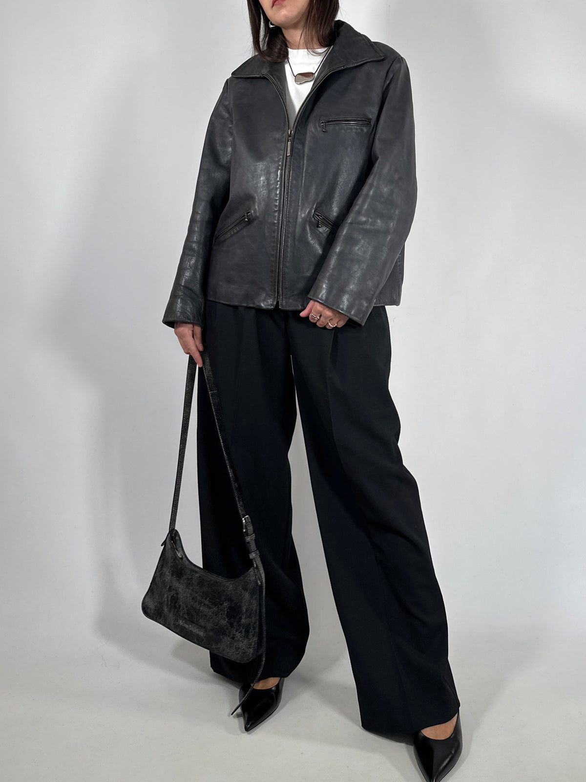 Grey Leather Zip-Up Jacket
