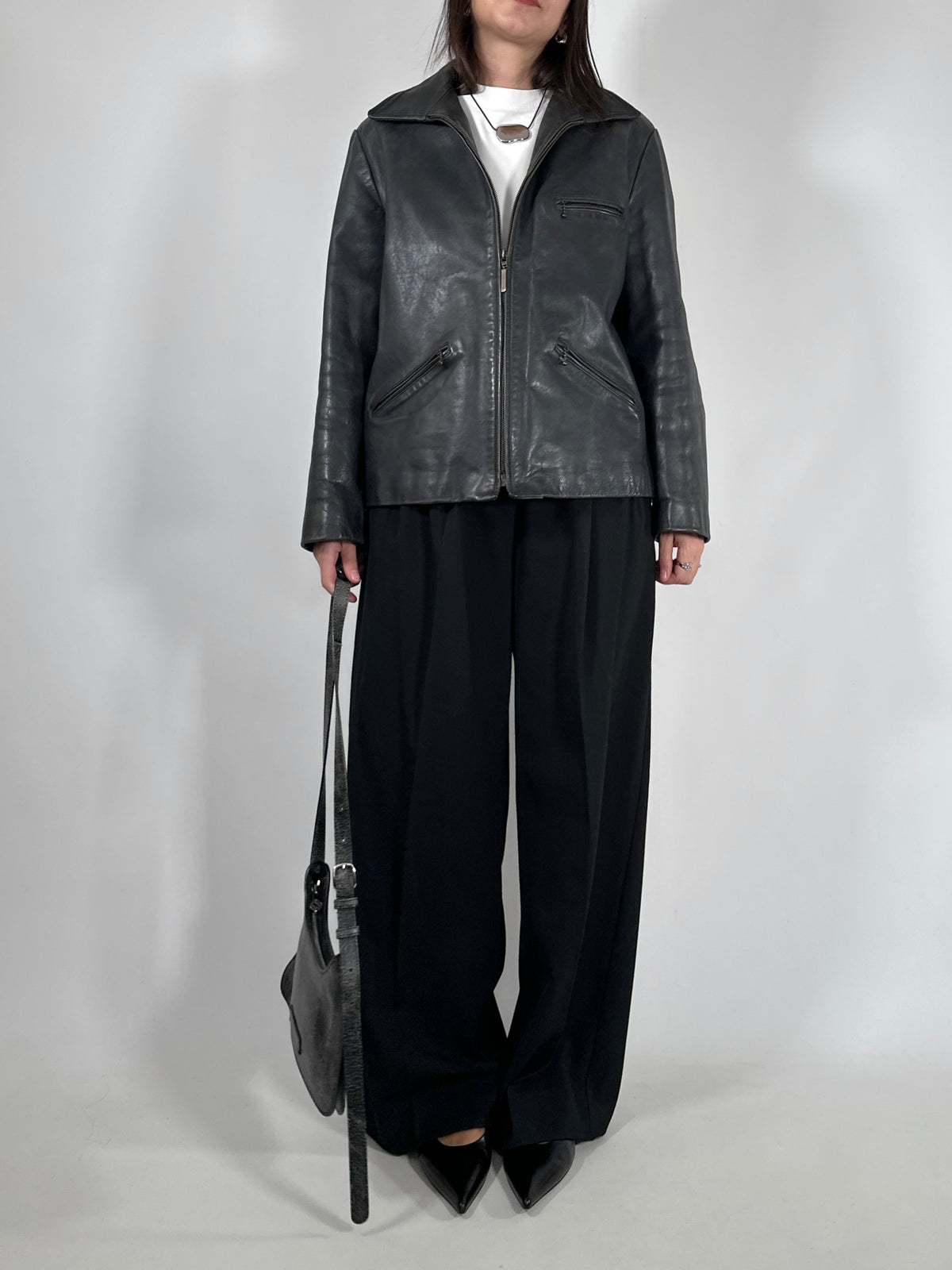 Grey Leather Zip-Up Jacket