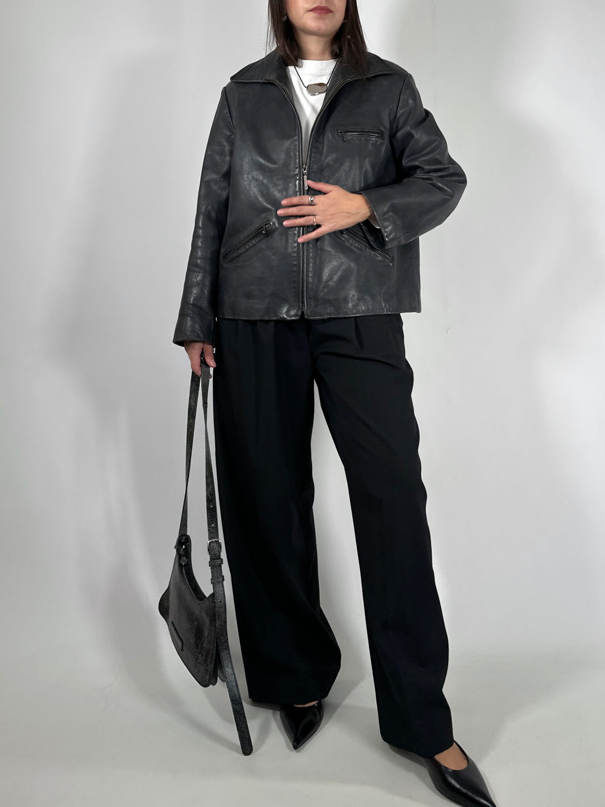 Grey Leather Zip-Up Jacket