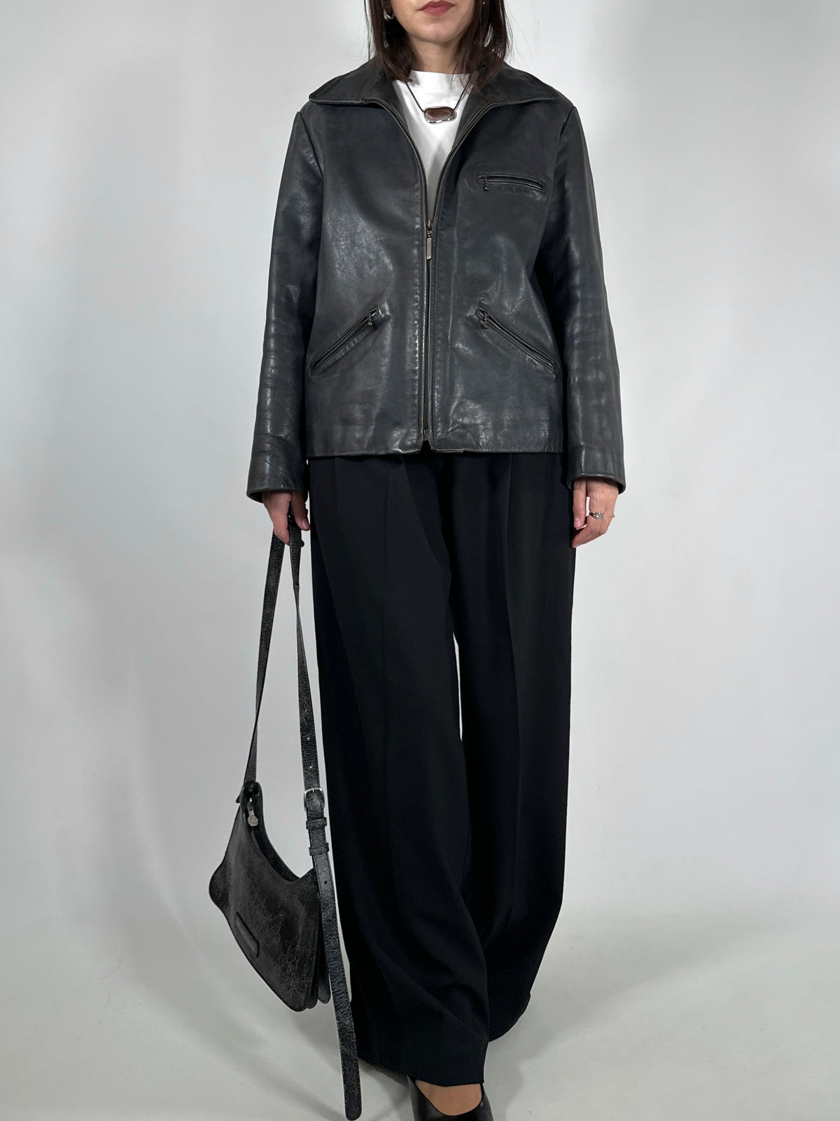 Grey Leather Zip-Up Jacket