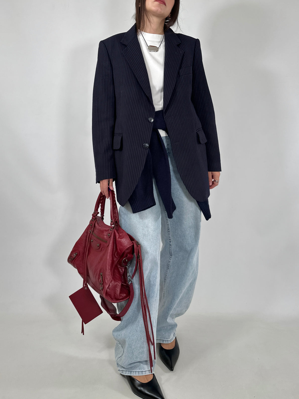 Navy Pinstripe Wool Blazer