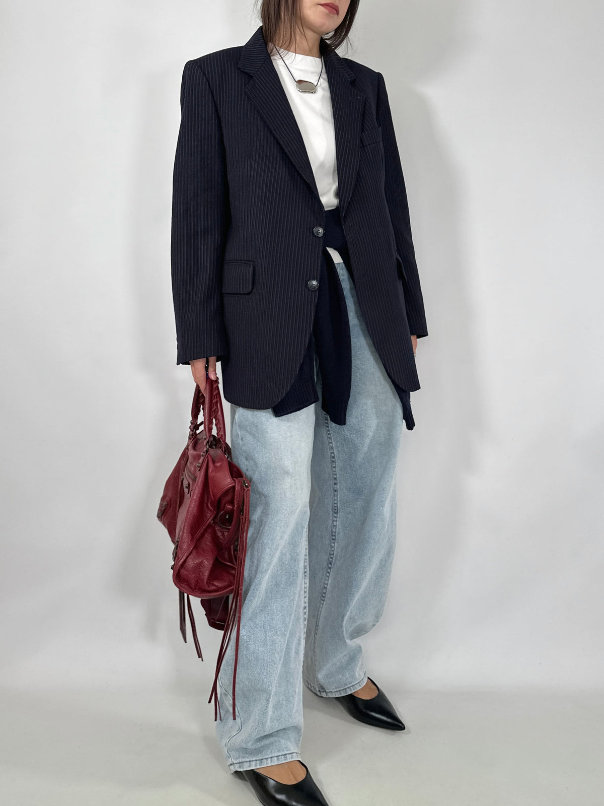 Navy Pinstripe Wool Blazer