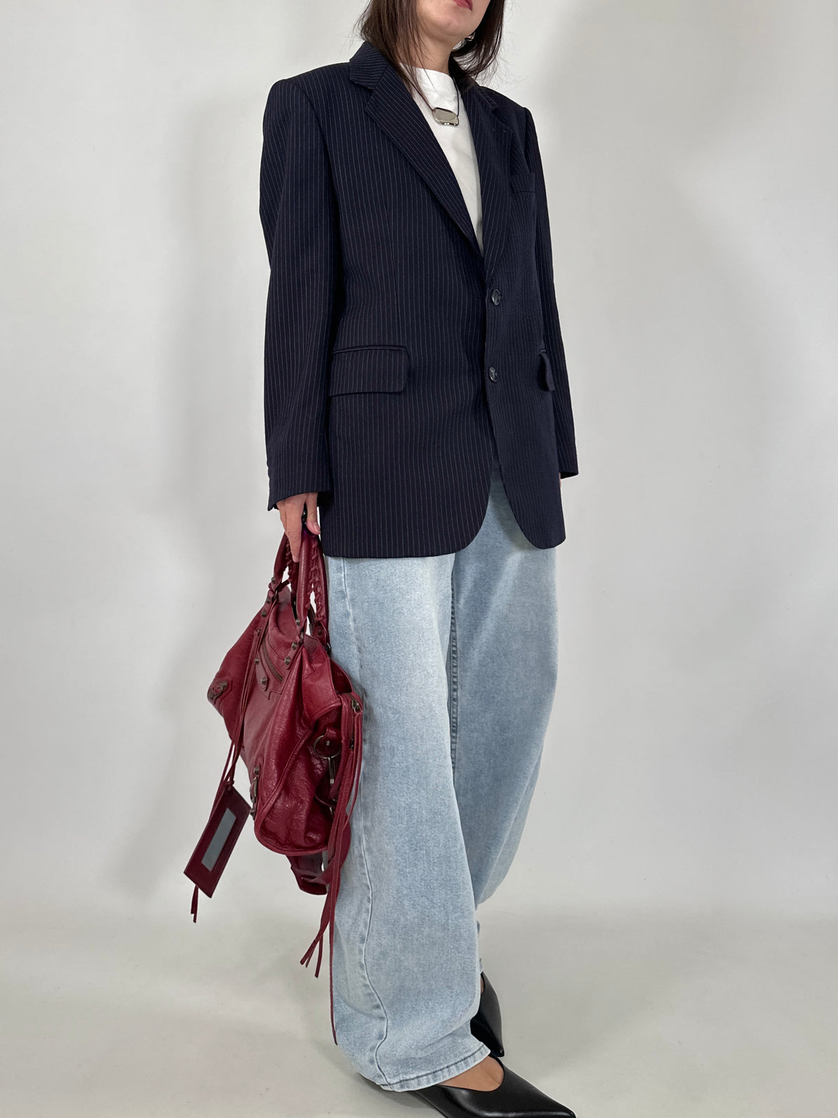 Navy Pinstripe Wool Blazer