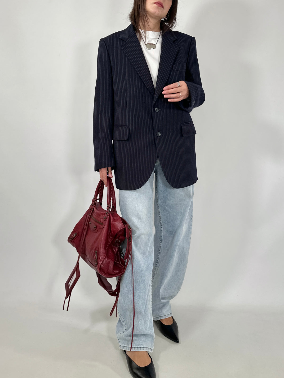 Navy Pinstripe Wool Blazer