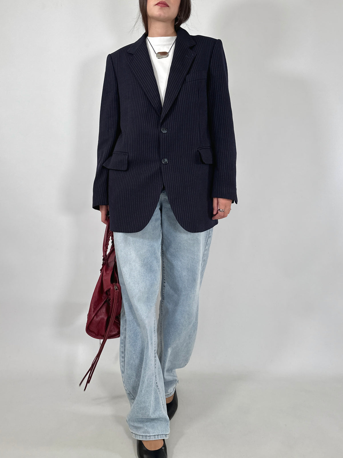 Navy Pinstripe Wool Blazer