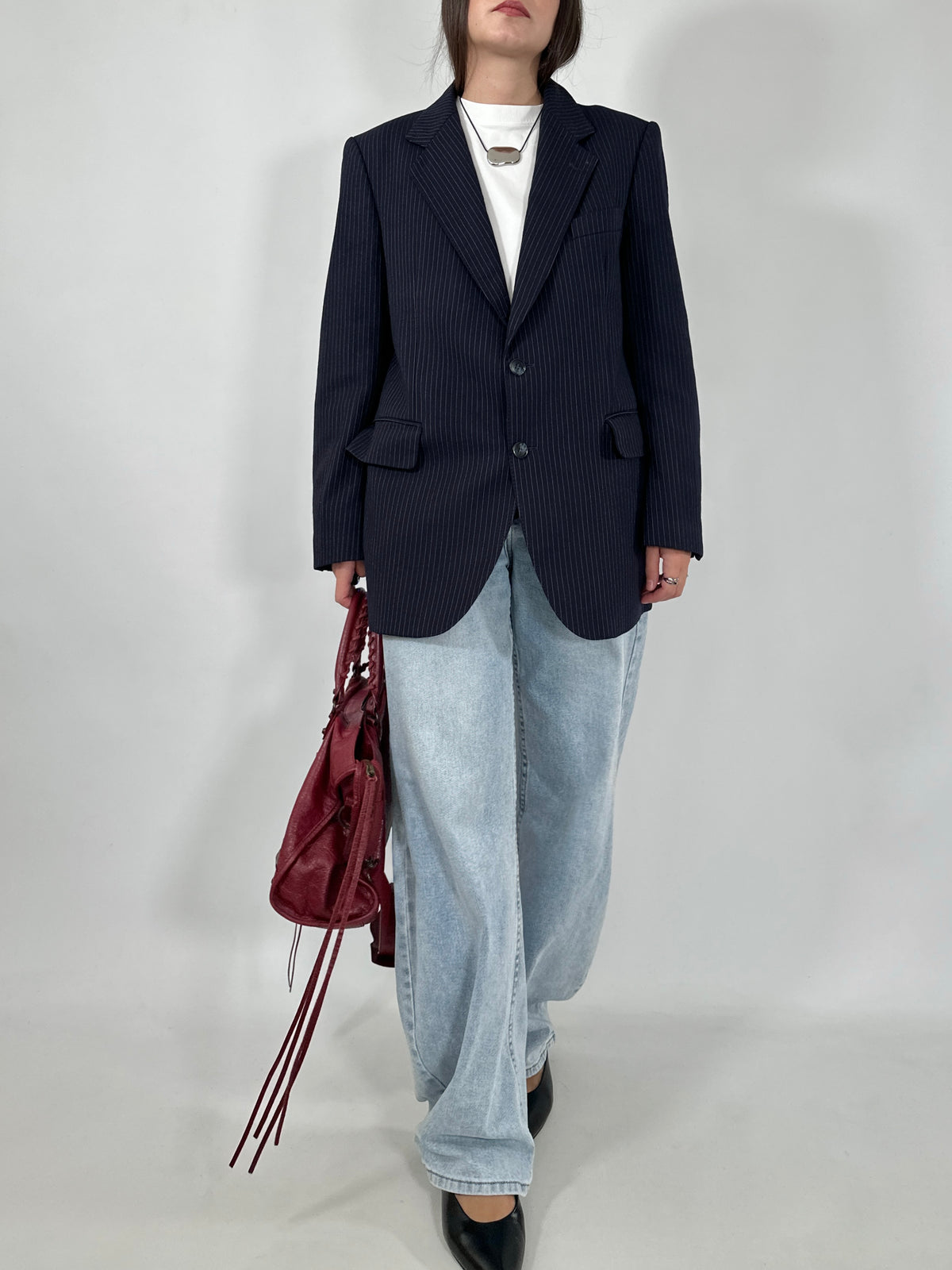 Navy Pinstripe Wool Blazer