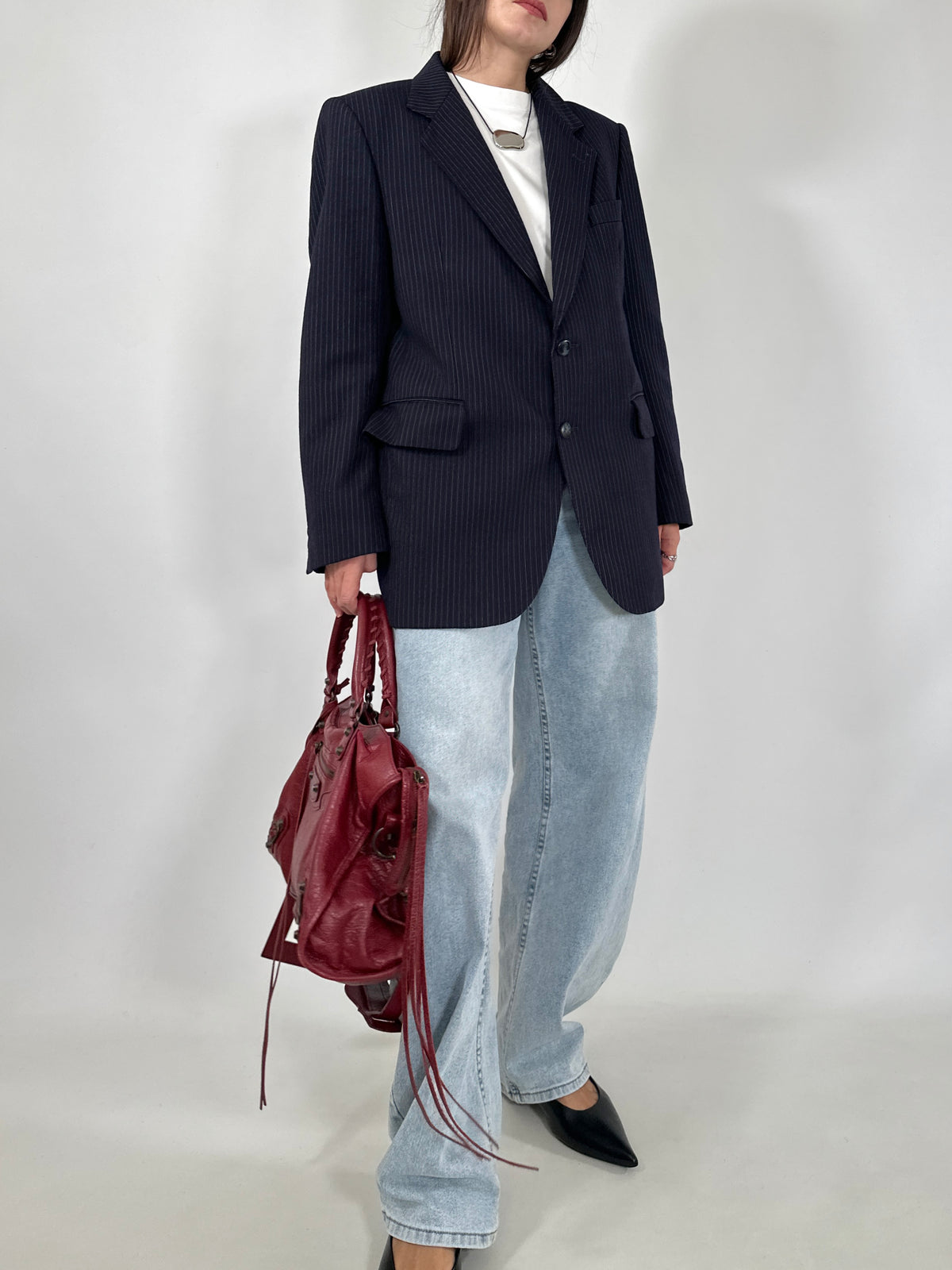 Navy Pinstripe Wool Blazer