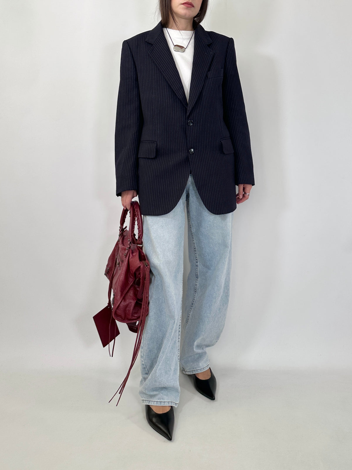 Navy Pinstripe Wool Blazer