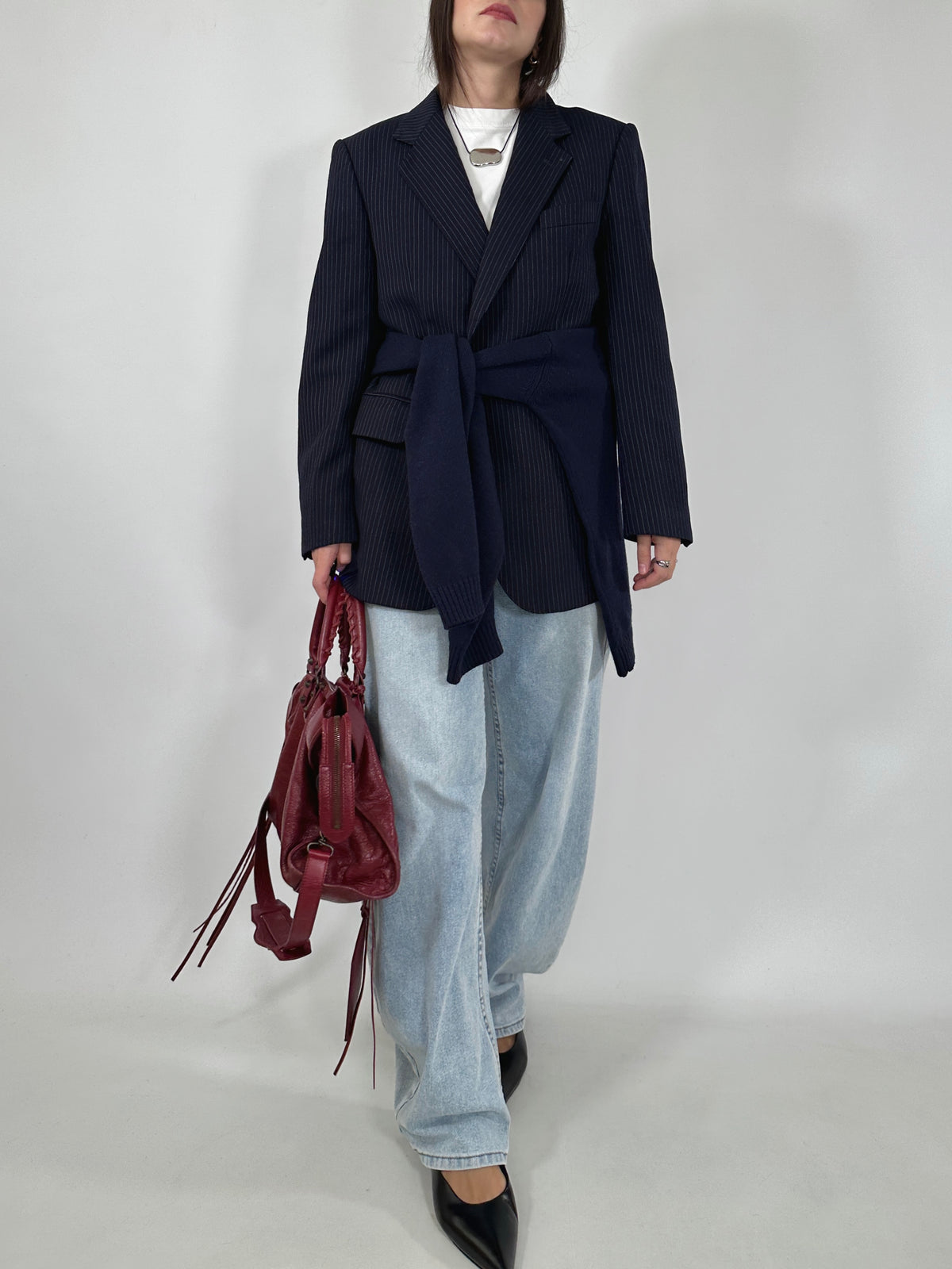 Navy Pinstripe Wool Blazer