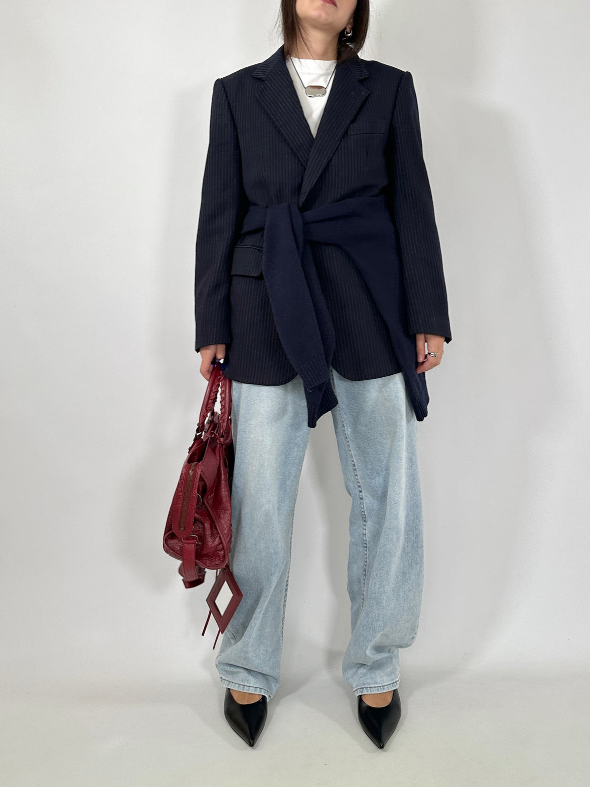 Navy Pinstripe Wool Blazer