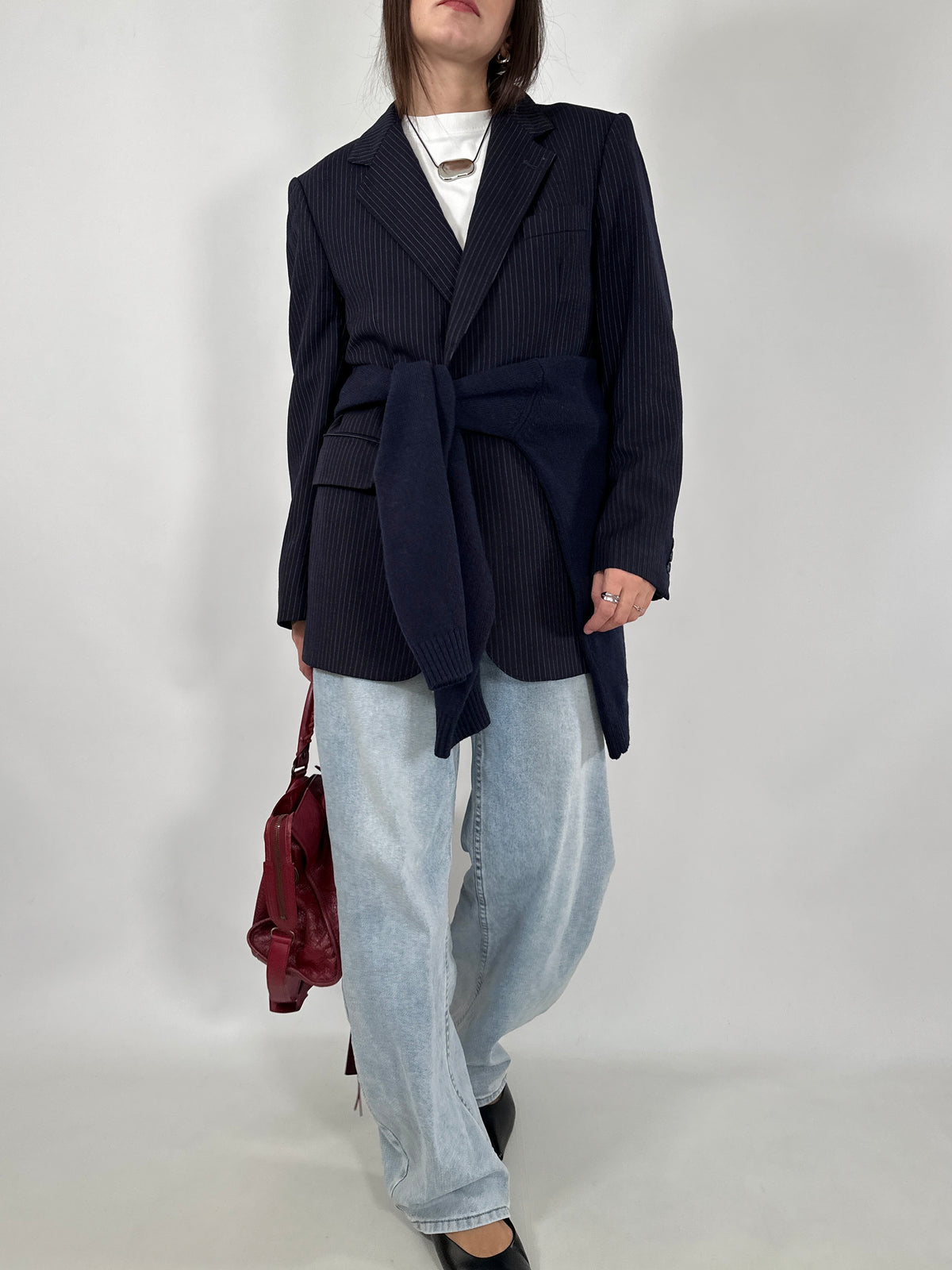 Navy Pinstripe Wool Blazer
