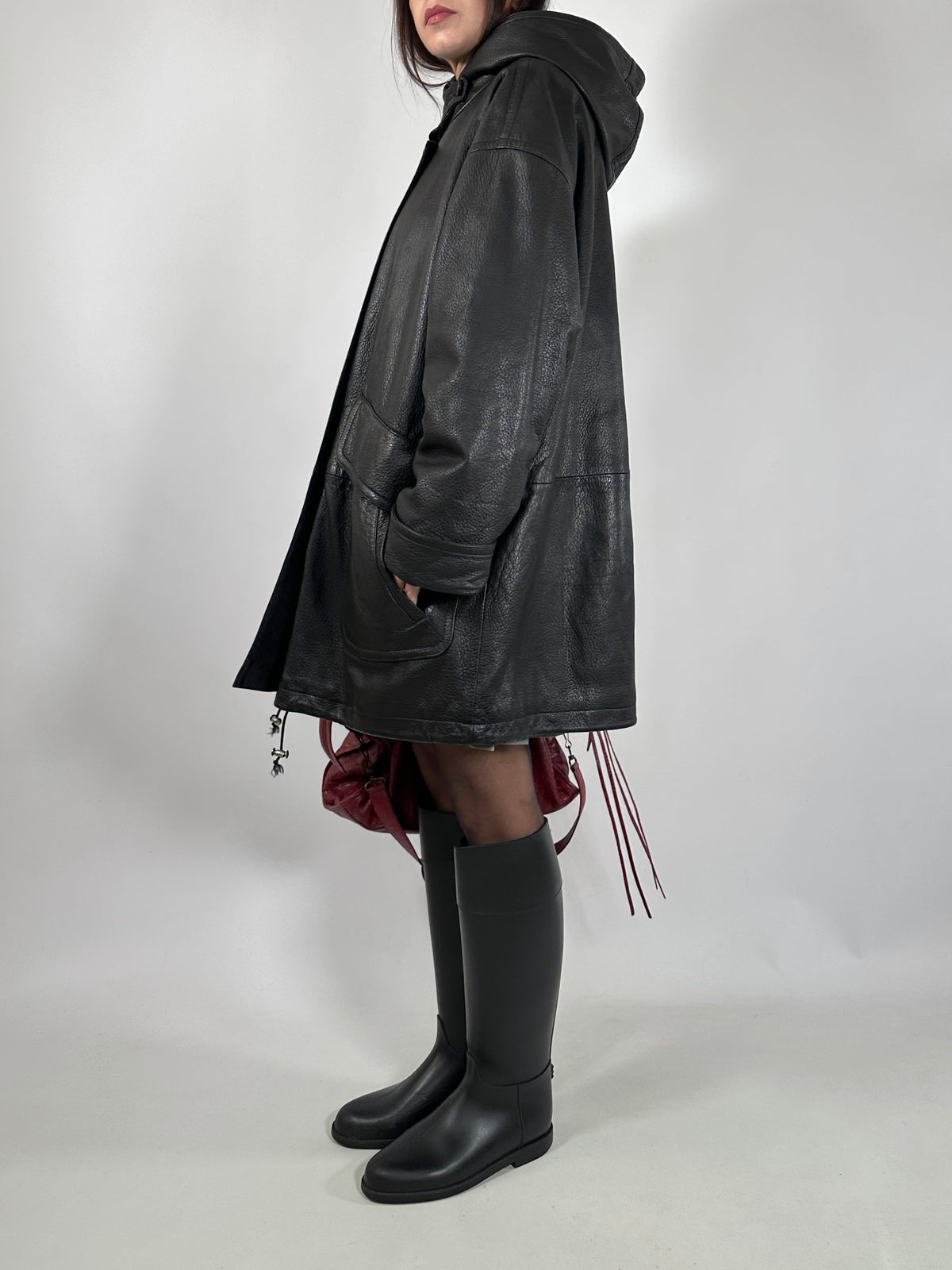 Black Leather Hooded Coat