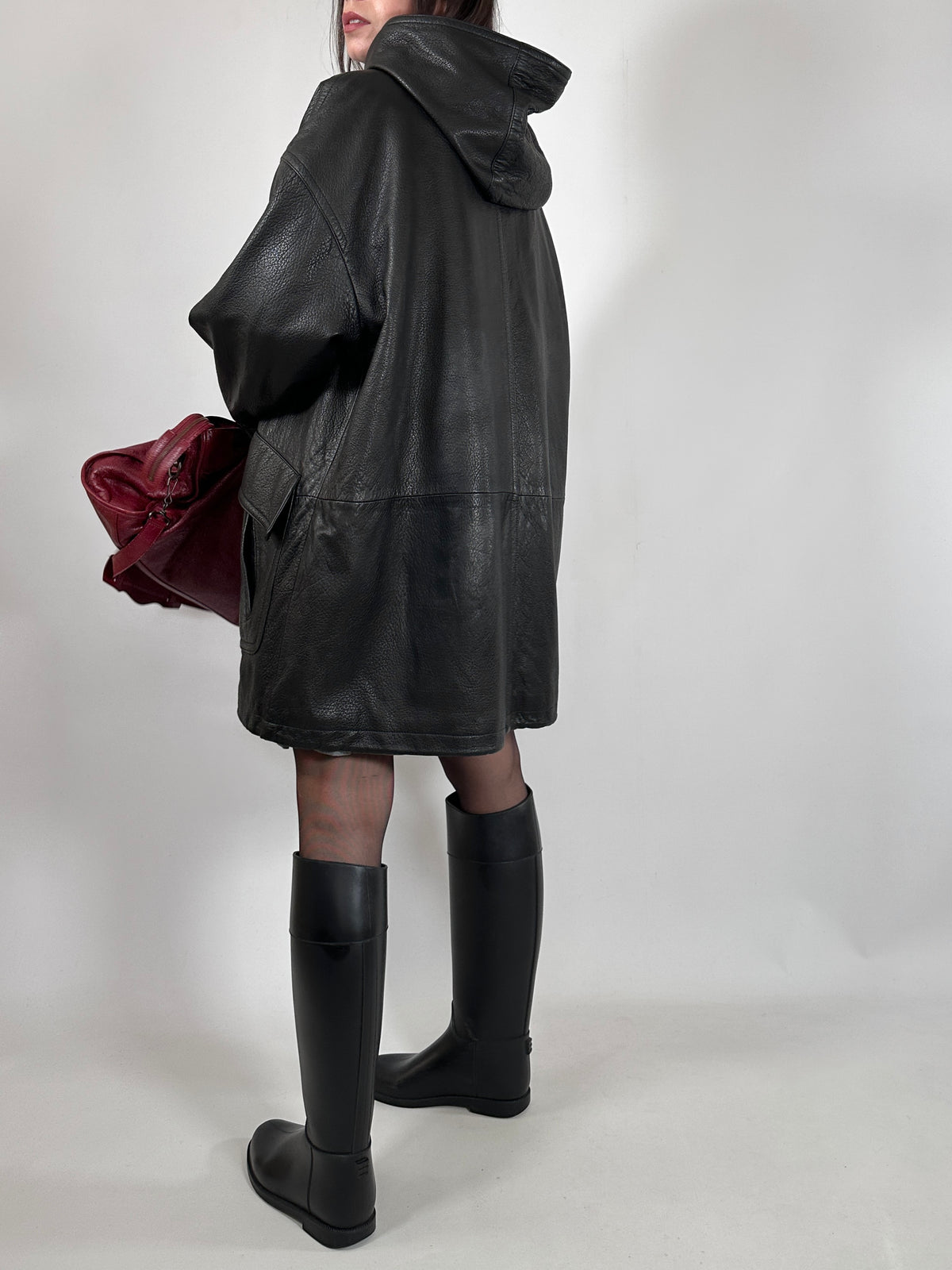Black Leather Hooded Coat