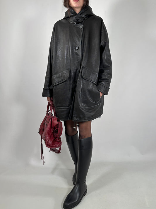 Black Leather Hooded Coat