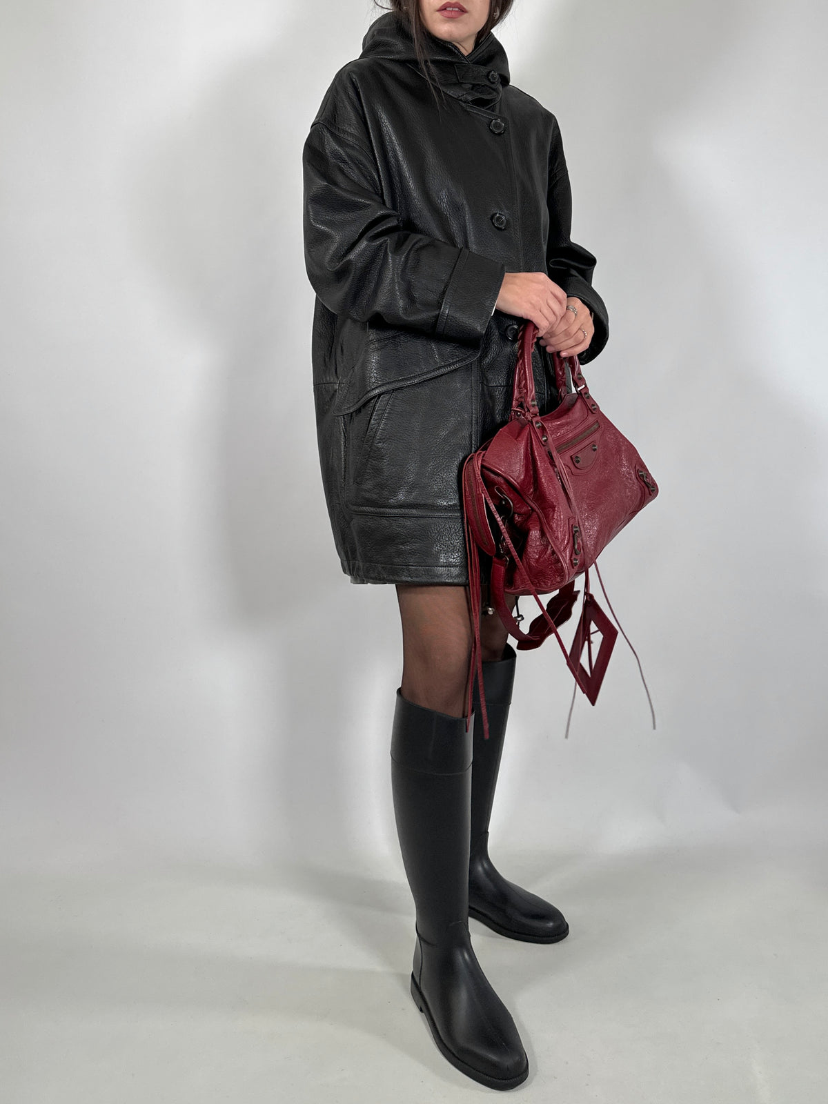 Black Leather Hooded Coat