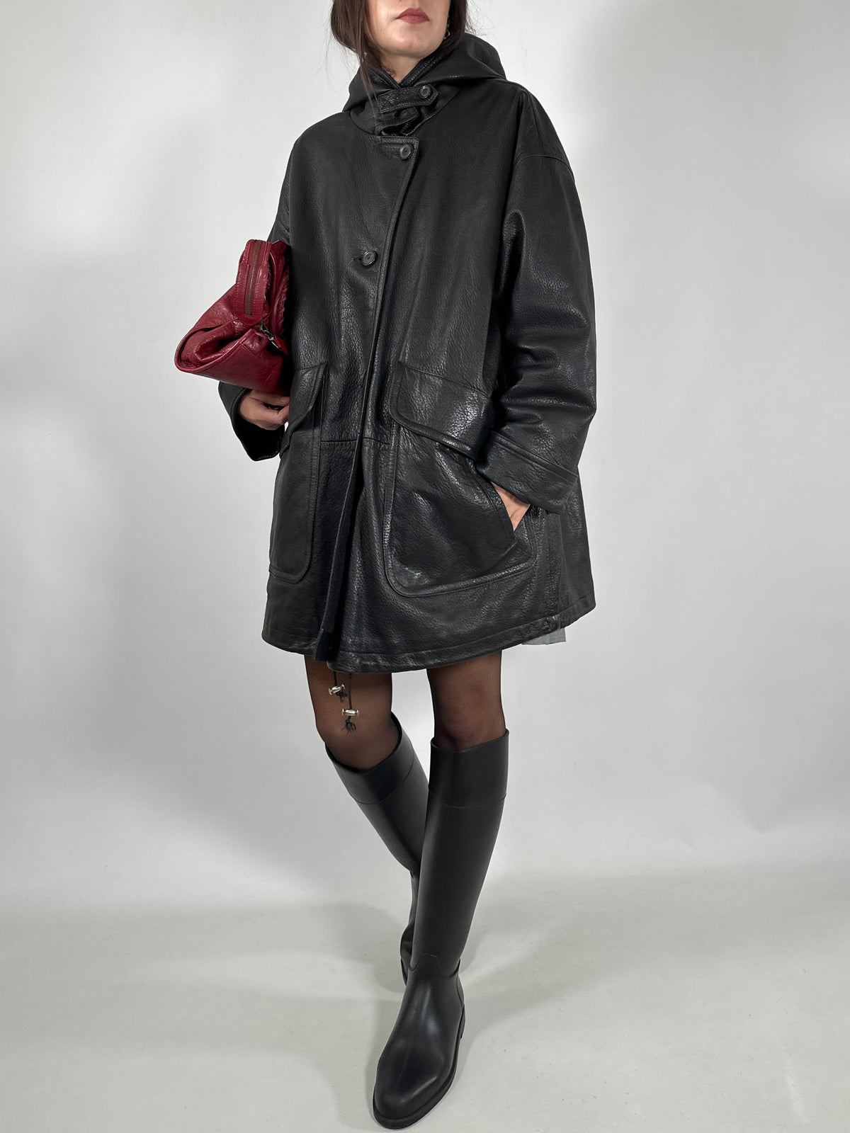 Black Leather Hooded Coat