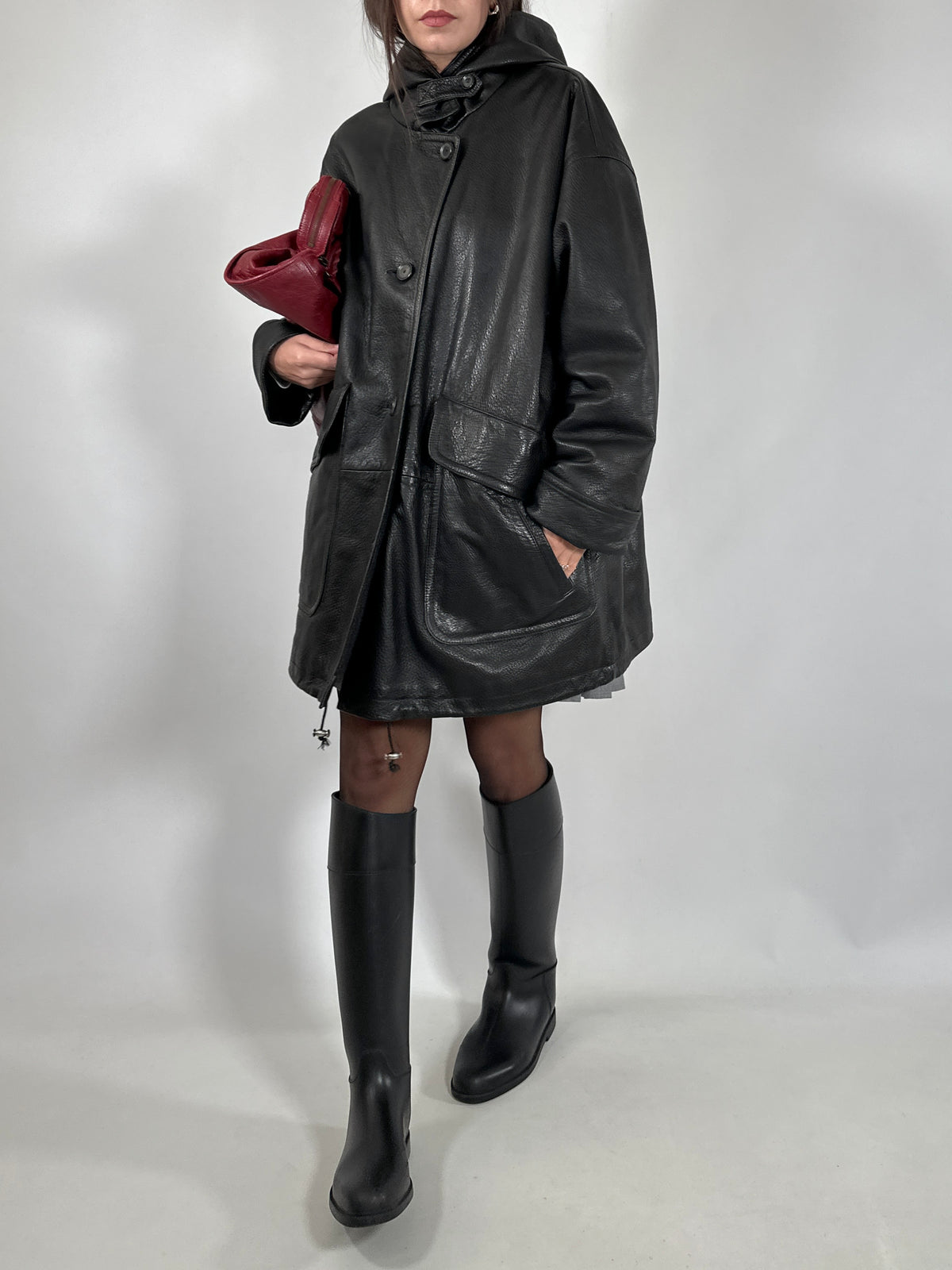 Black Leather Hooded Coat
