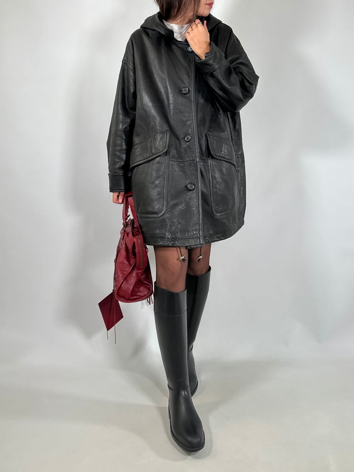Black Leather Hooded Coat