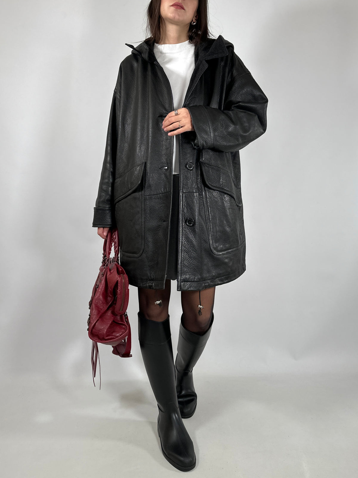 Black Leather Hooded Coat