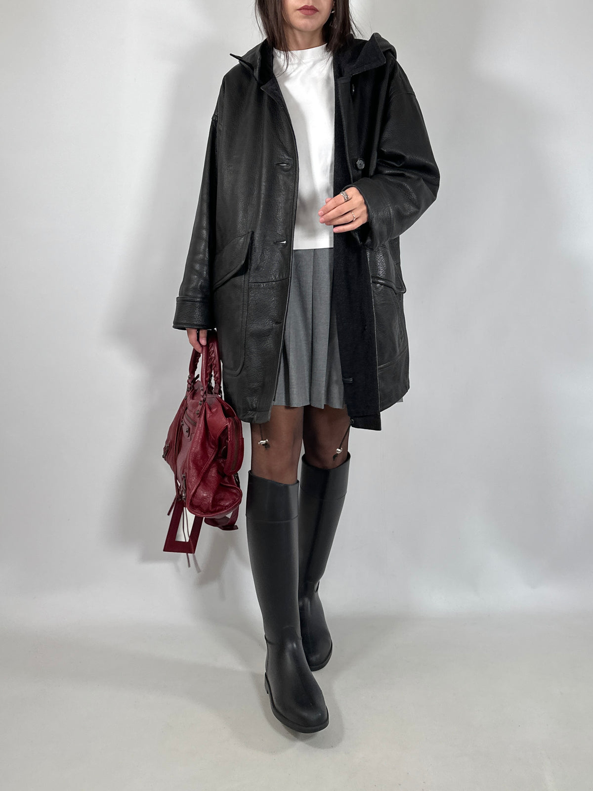 Black Leather Hooded Coat