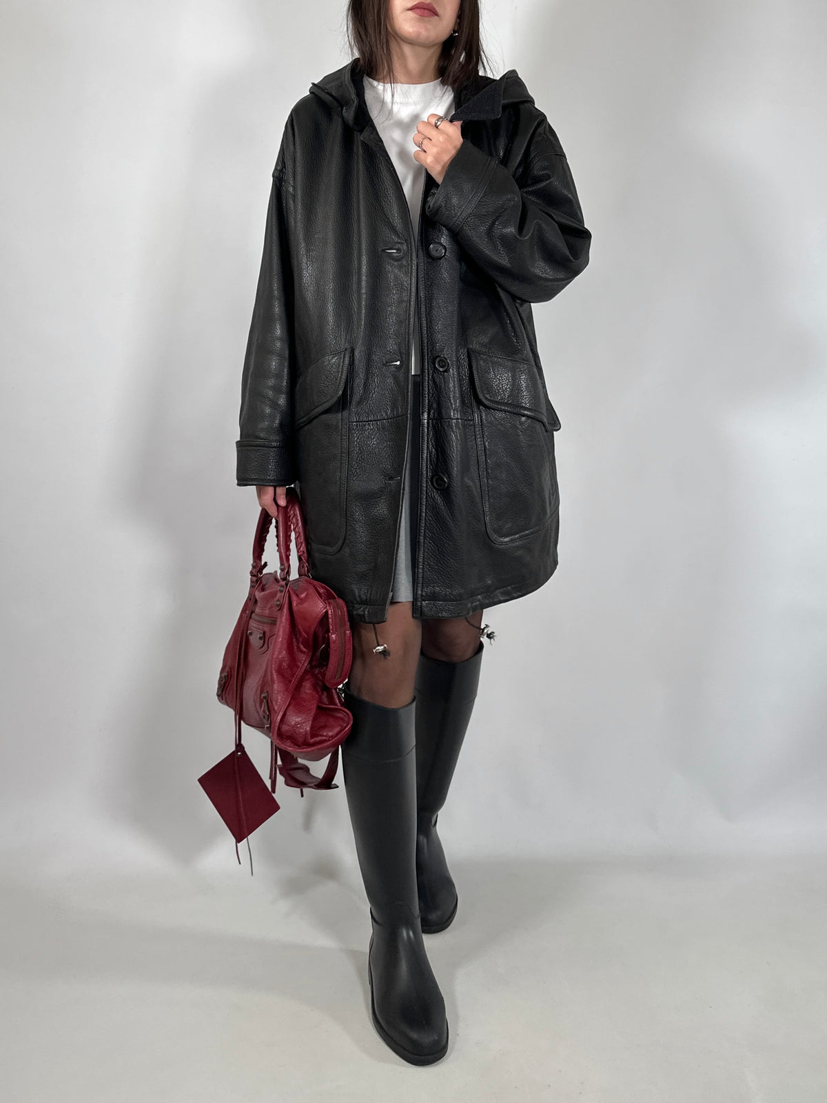 Black Leather Hooded Coat