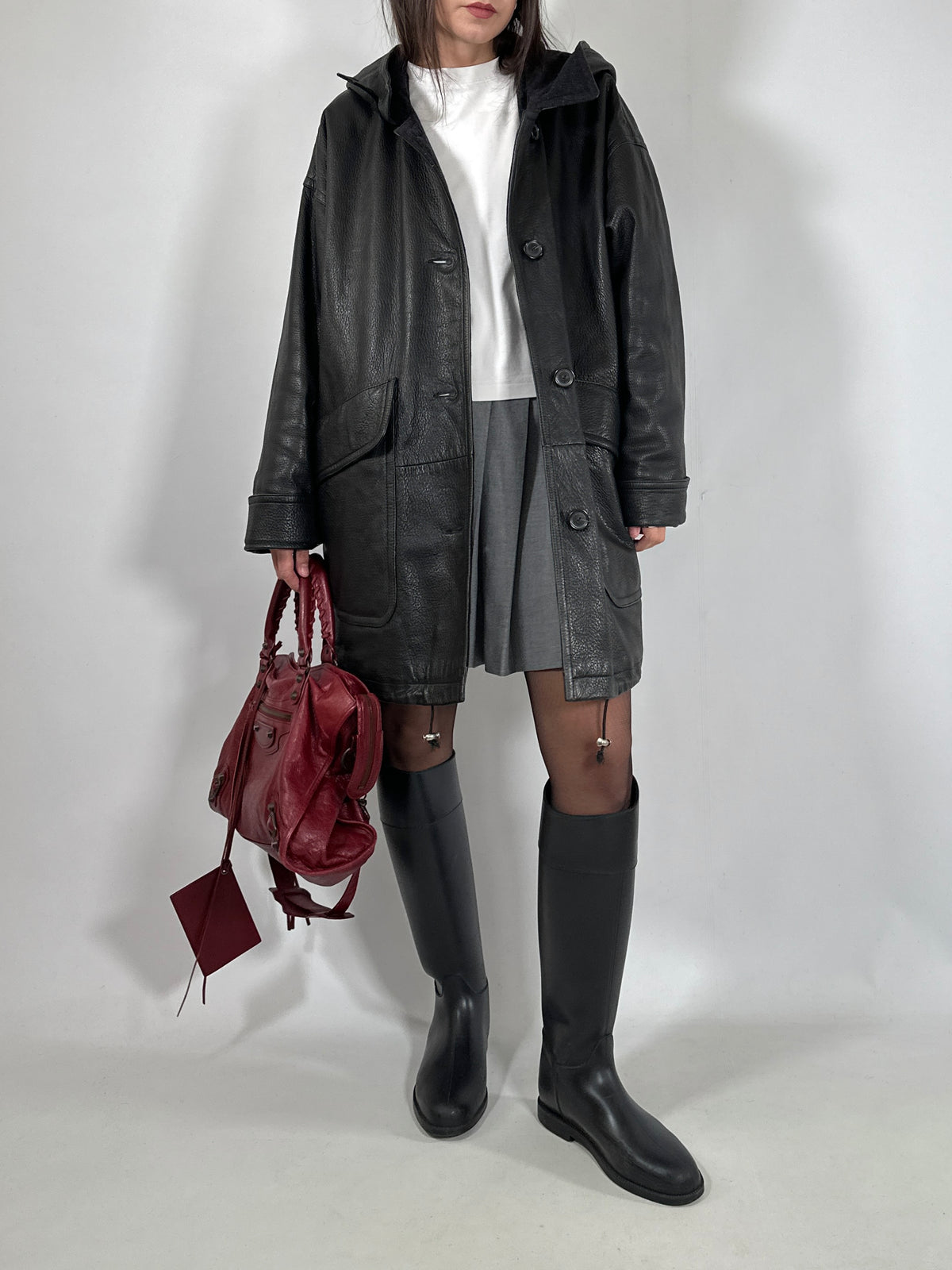 Black Leather Hooded Coat