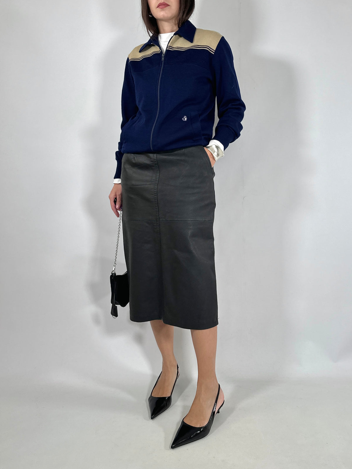 Navy Two-Tone Retro Zip-Up Cardigan