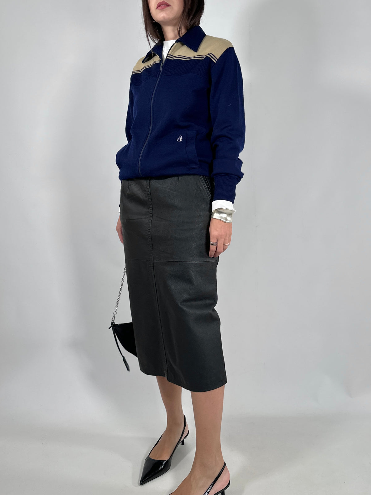 Navy Two-Tone Retro Zip-Up Cardigan