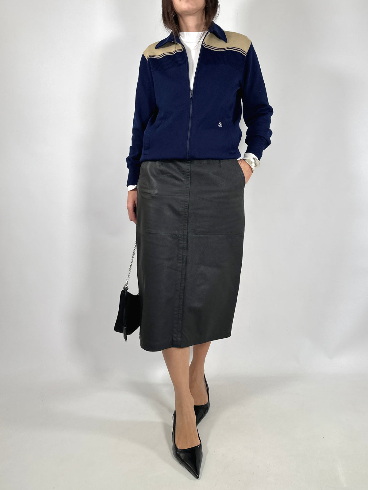Navy Two-Tone Retro Zip-Up Cardigan