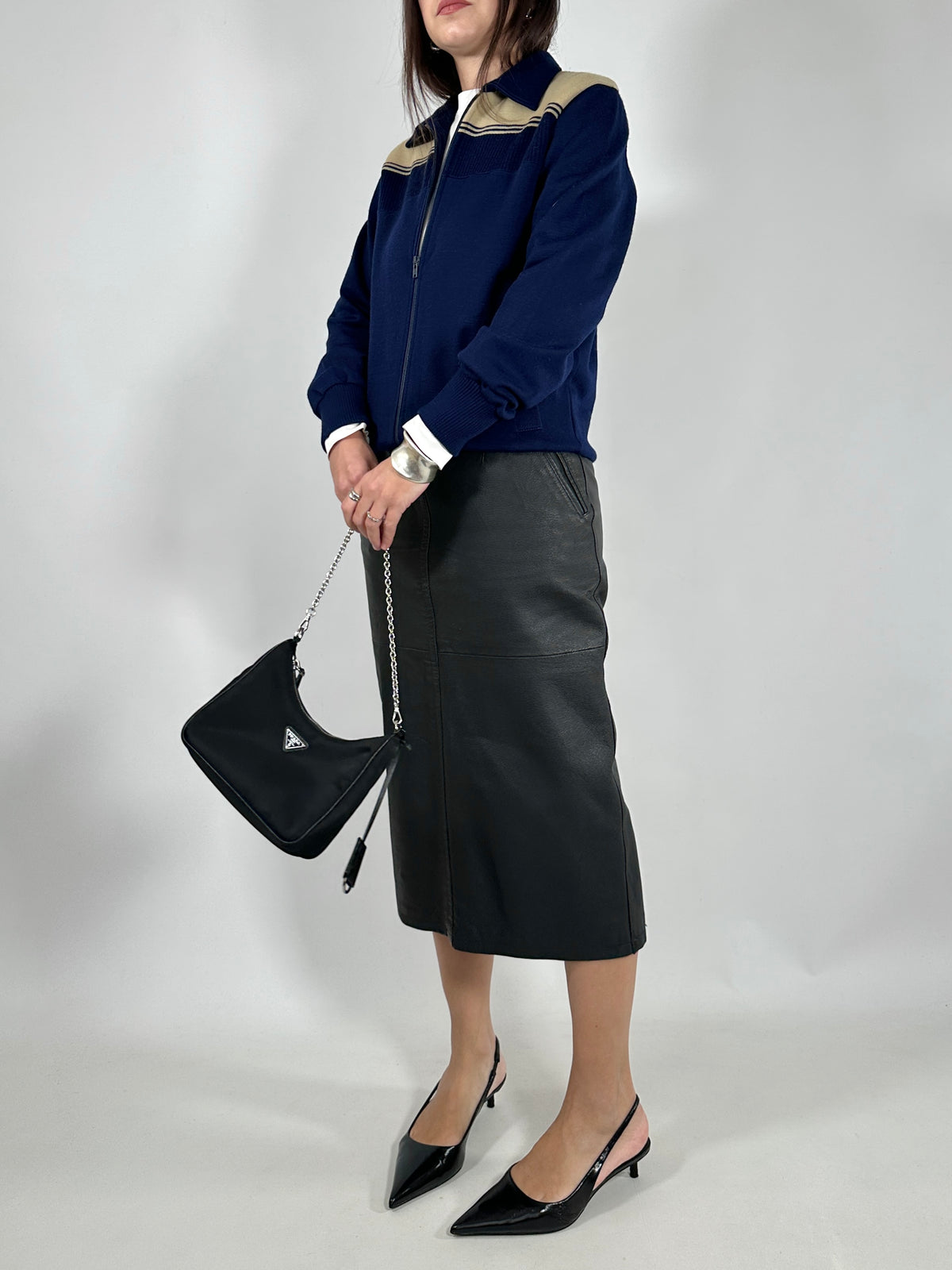 Navy Two-Tone Retro Zip-Up Cardigan